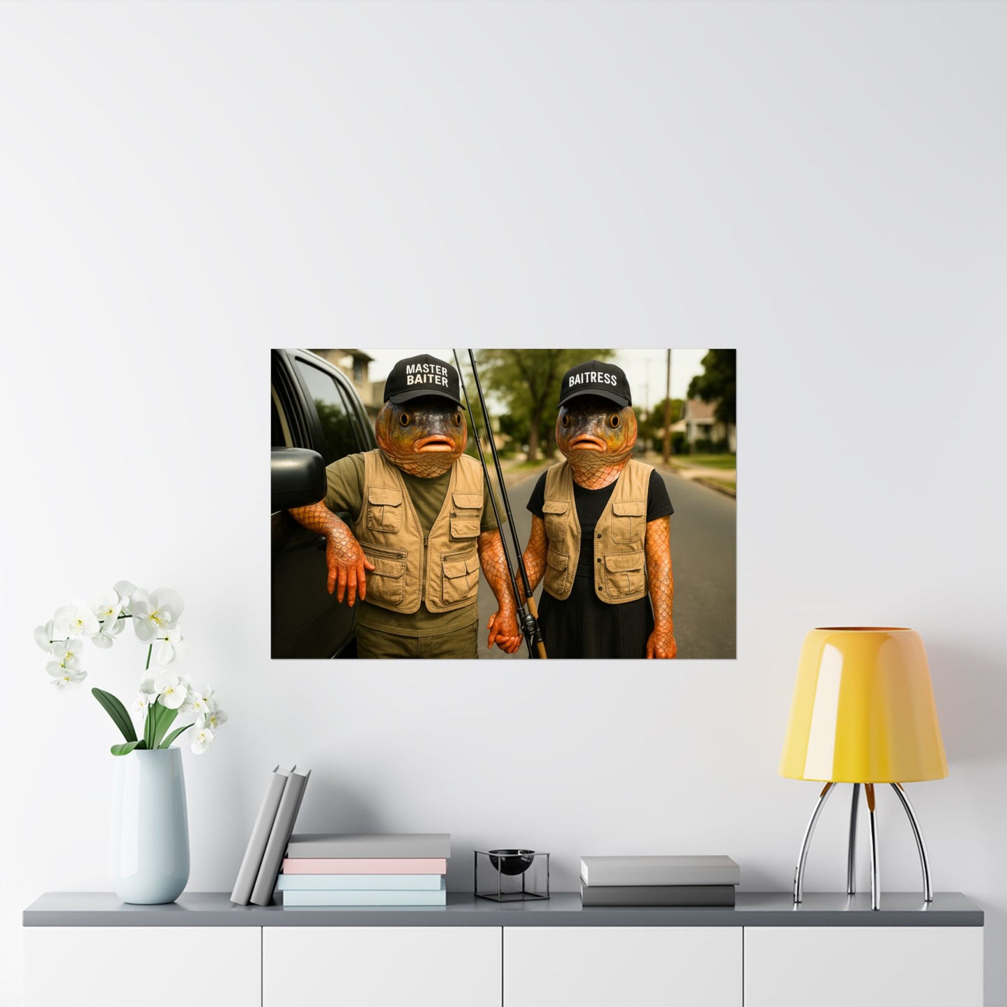 Fish- Posters for Home Decor, Funny Wall Art-Fishing Gifts,  Fish Couple Wall Art - Surreal Fishing Humor-Master Baiter& Baitress Poster