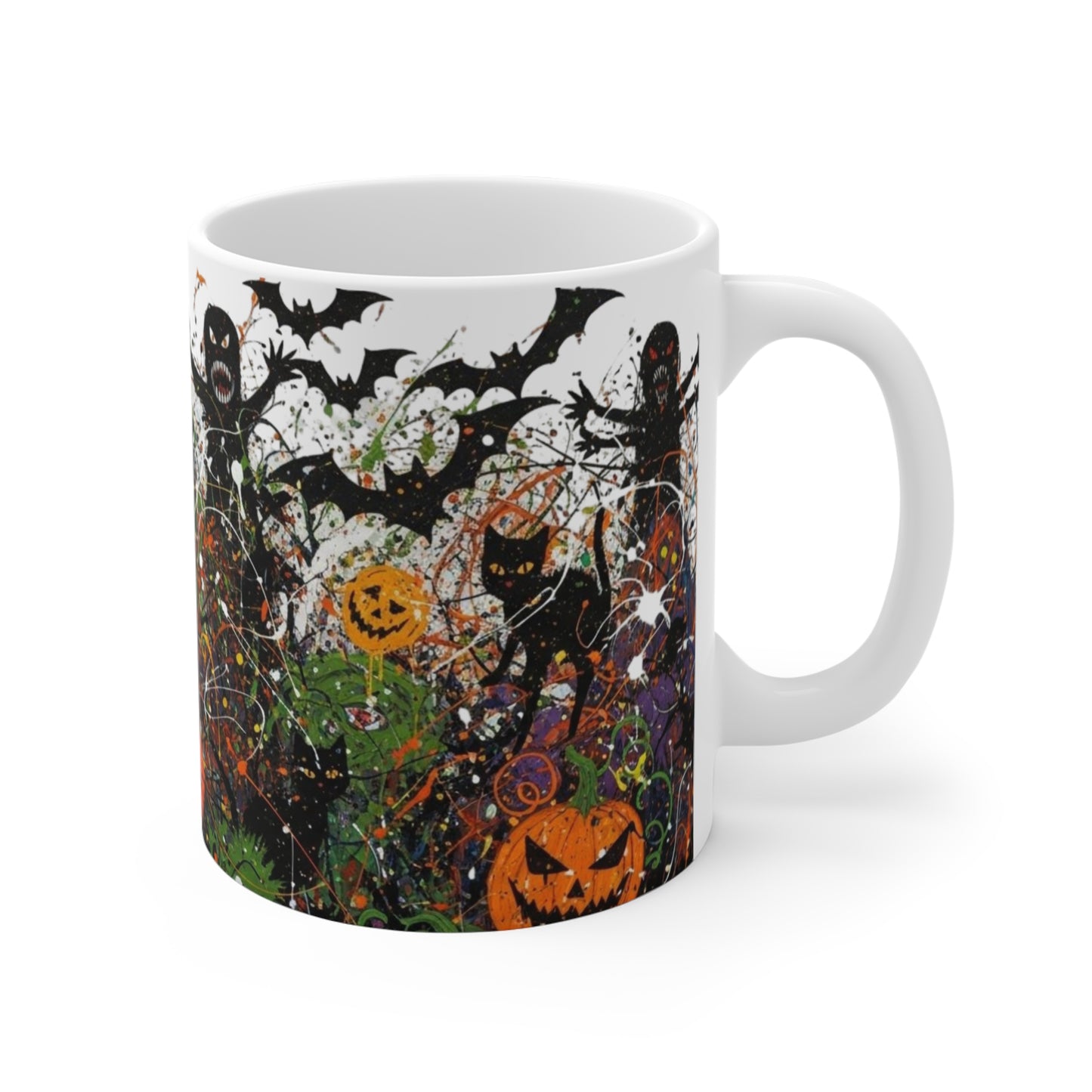Halloween Mug, Spooky Coffee Cup, Horror Art Gift, 11oz Ceramic Mug with Pumpkins, Ghosts & Bats, Creepy Halloween Decor