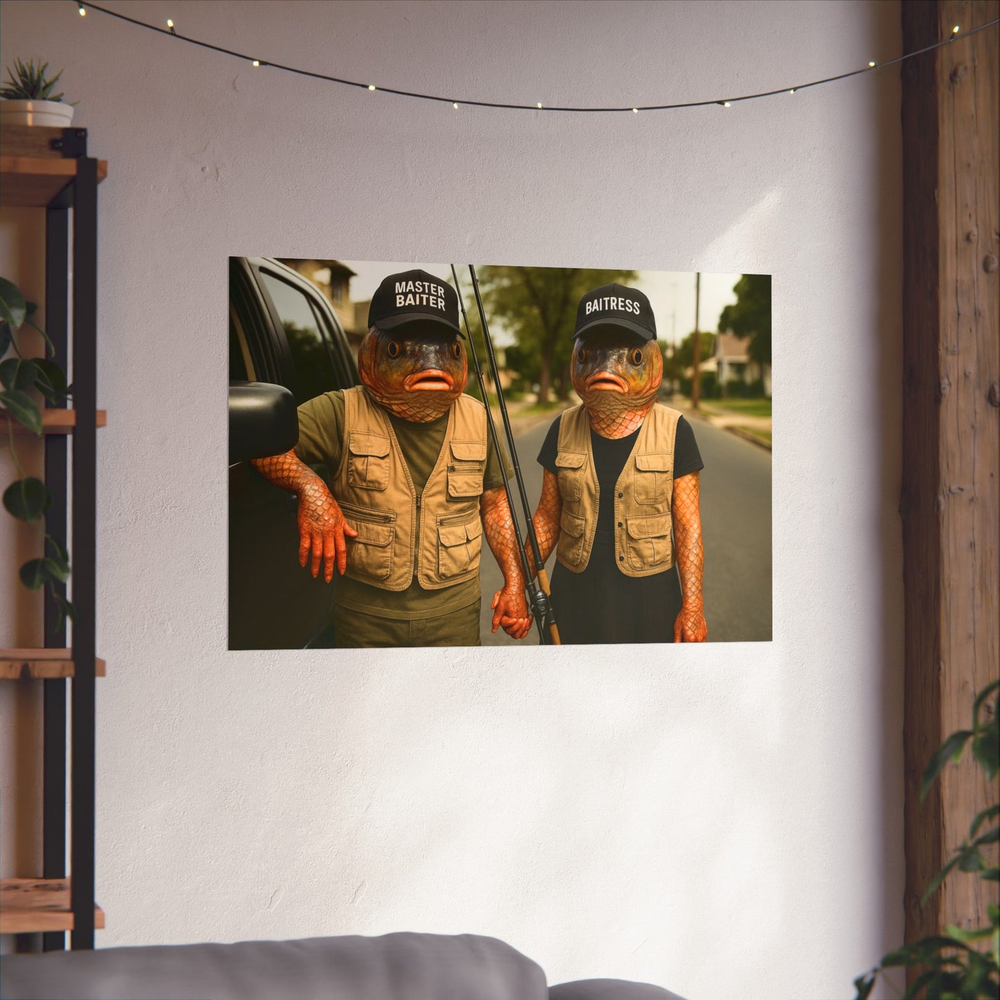 Fish- Posters for Home Decor, Funny Wall Art-Fishing Gifts,  Fish Couple Wall Art - Surreal Fishing Humor-Master Baiter& Baitress Poster