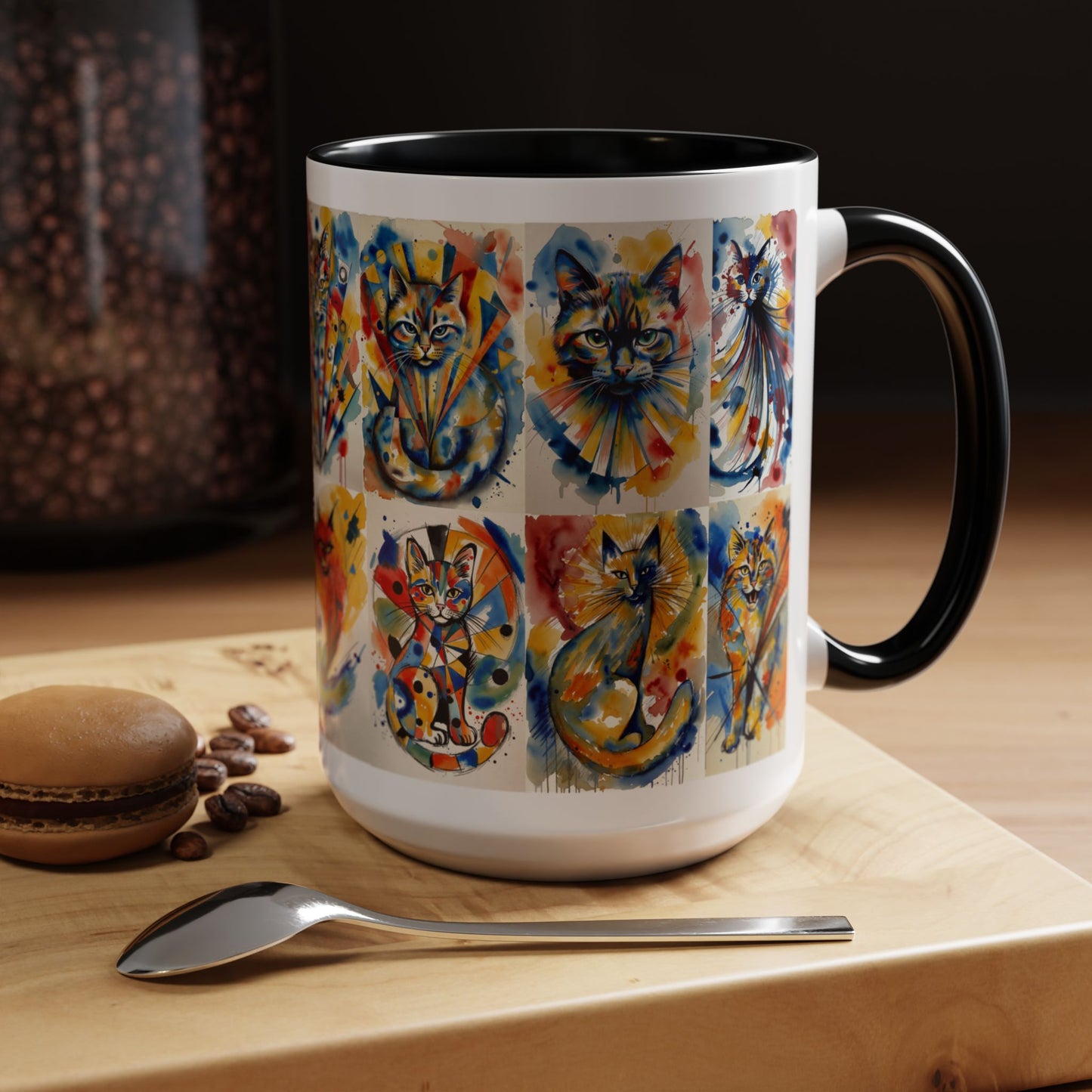 Abstract Colorful Cat Art Mug | Cat Lovers Gift - Collector Ceramic Mug, Navy or Black Handle 15oz