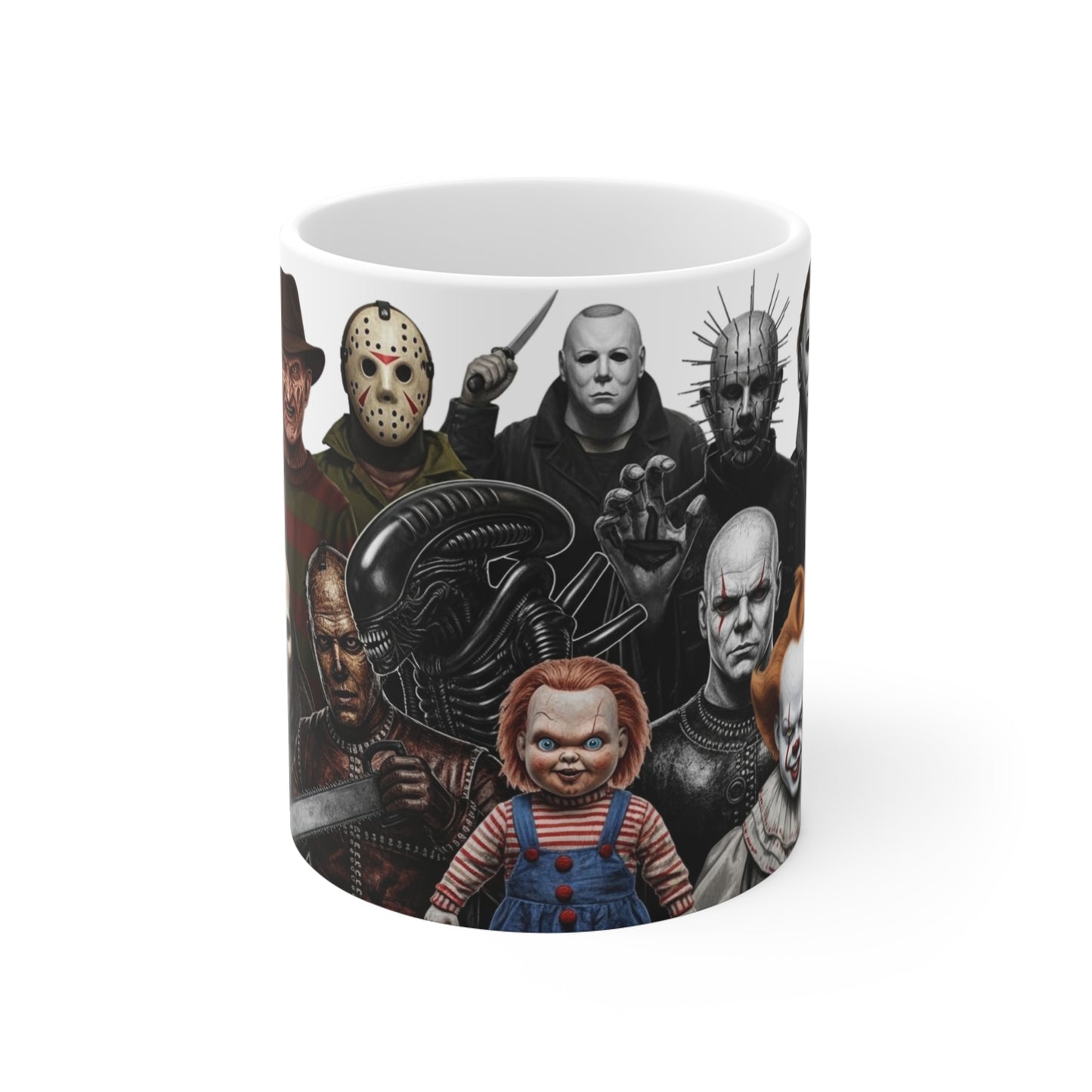 Horror Legends Mug - Freddy, Jason, Michael Myers, Chucky | 11oz Ceramic Cup for Horror Fans, Halloween Gift, Spooky Coffee Mug, Slasher