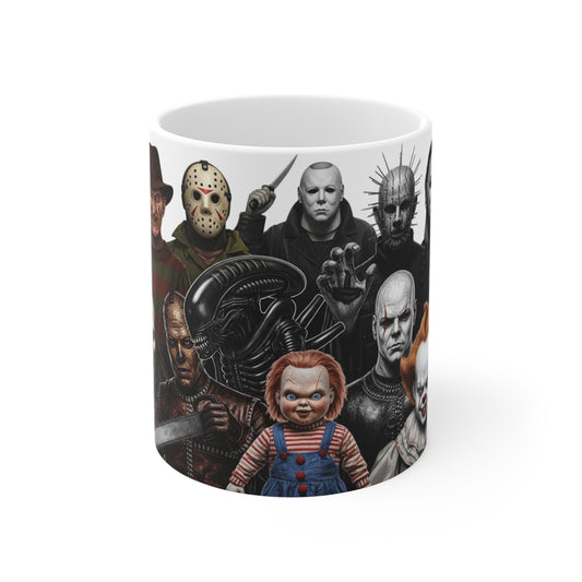 Horror Legends Mug - Freddy, Jason, Michael Myers, Chucky | 11oz Ceramic Cup for Horror Fans, Halloween Gift, Spooky Coffee Mug, Slasher