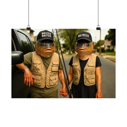 Fish- Posters for Home Decor, Funny Wall Art-Fishing Gifts,  Fish Couple Wall Art - Surreal Fishing Humor-Master Baiter& Baitress Poster
