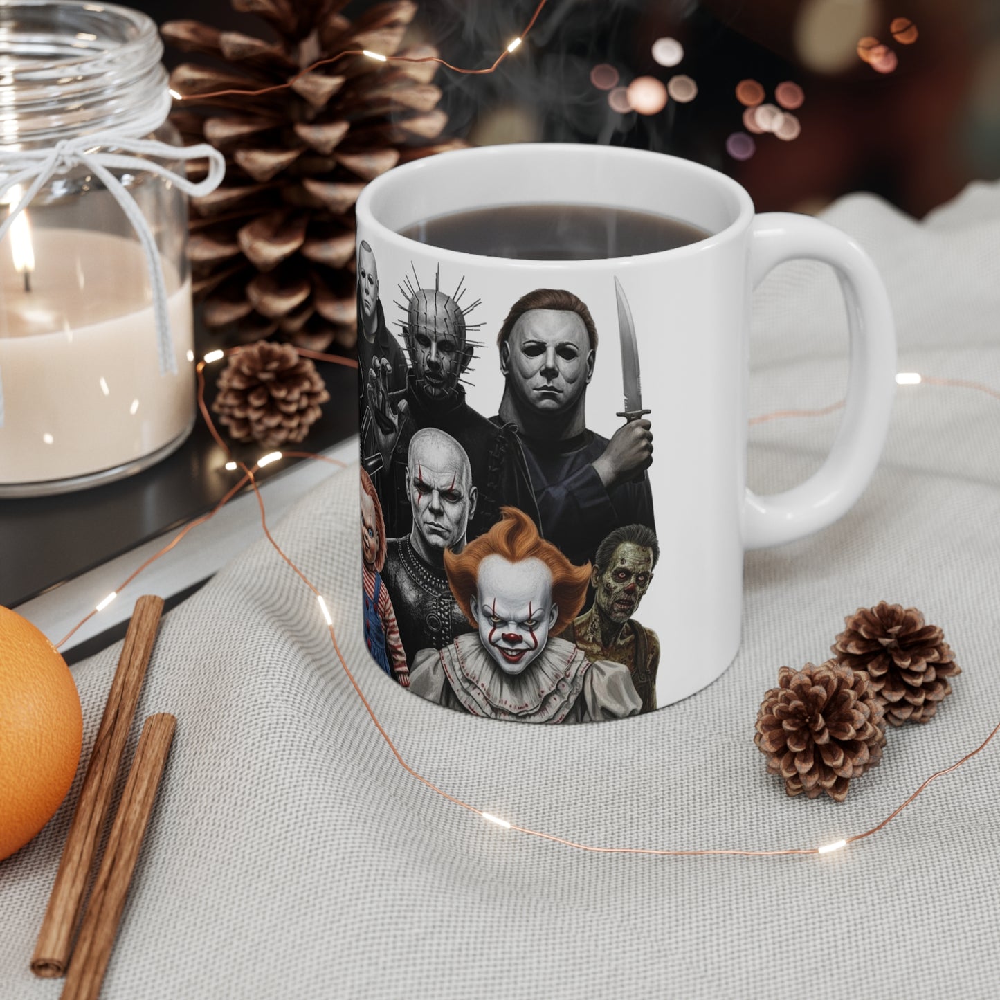 Horror Legends Mug - Freddy, Jason, Michael Myers, Chucky | 11oz Ceramic Cup for Horror Fans, Halloween Gift, Spooky Coffee Mug, Slasher