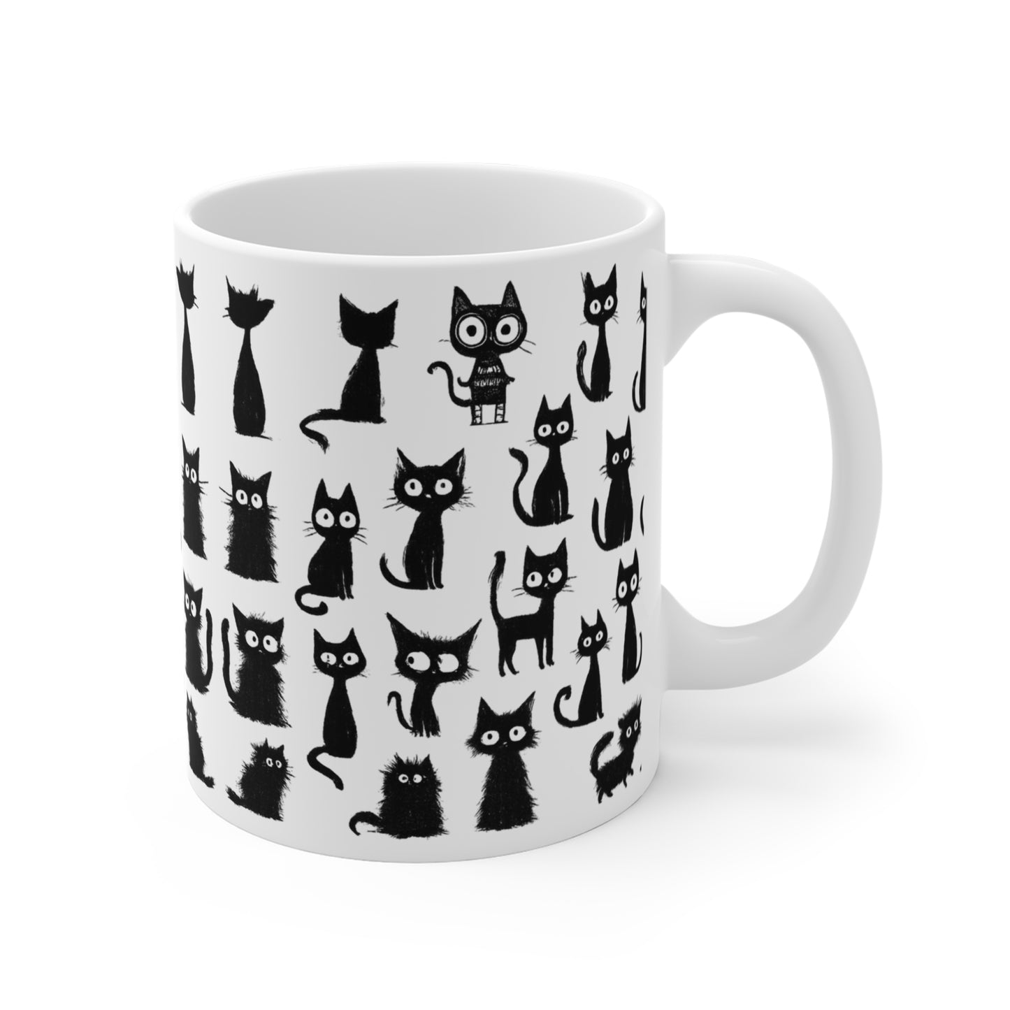 Black Cat Doodle Mug - Funny Hand Drawn Cats Cup - Cute Goth Coffee Mug for Cat Lovers