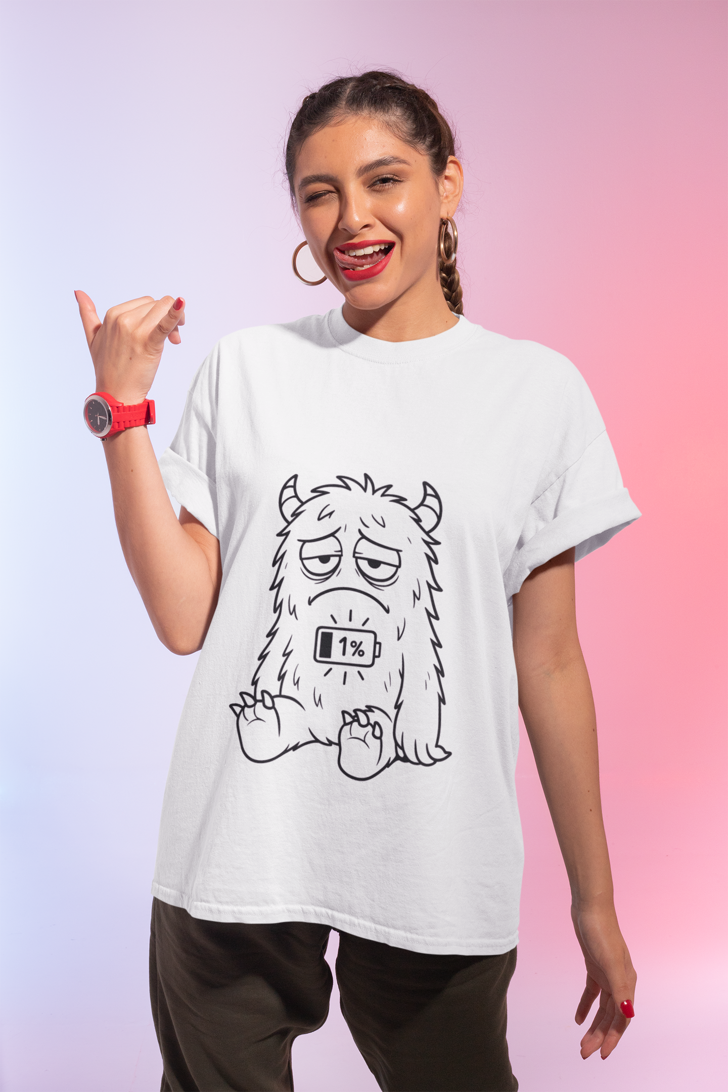 T-Shirt with Cute Cartoon Monster Design for Low Battery Vibes, Funny Gift for Teens, Humorous Apparel, Relaxed Style, Everyday Wear
