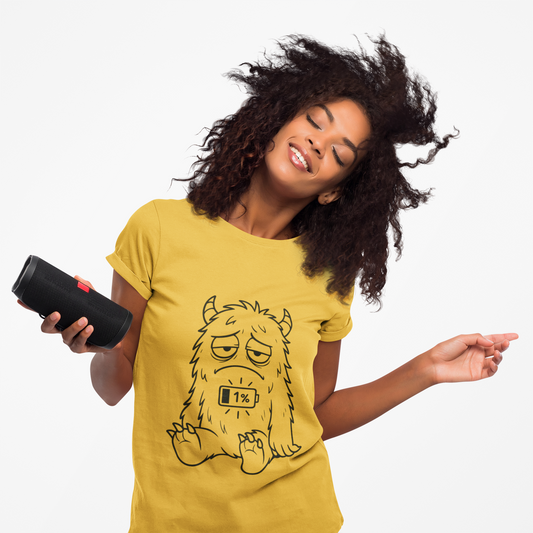 T-Shirt with Cute Cartoon Monster Design for Low Battery Vibes, Funny Gift for Teens, Humorous Apparel, Relaxed Style, Everyday Wear
