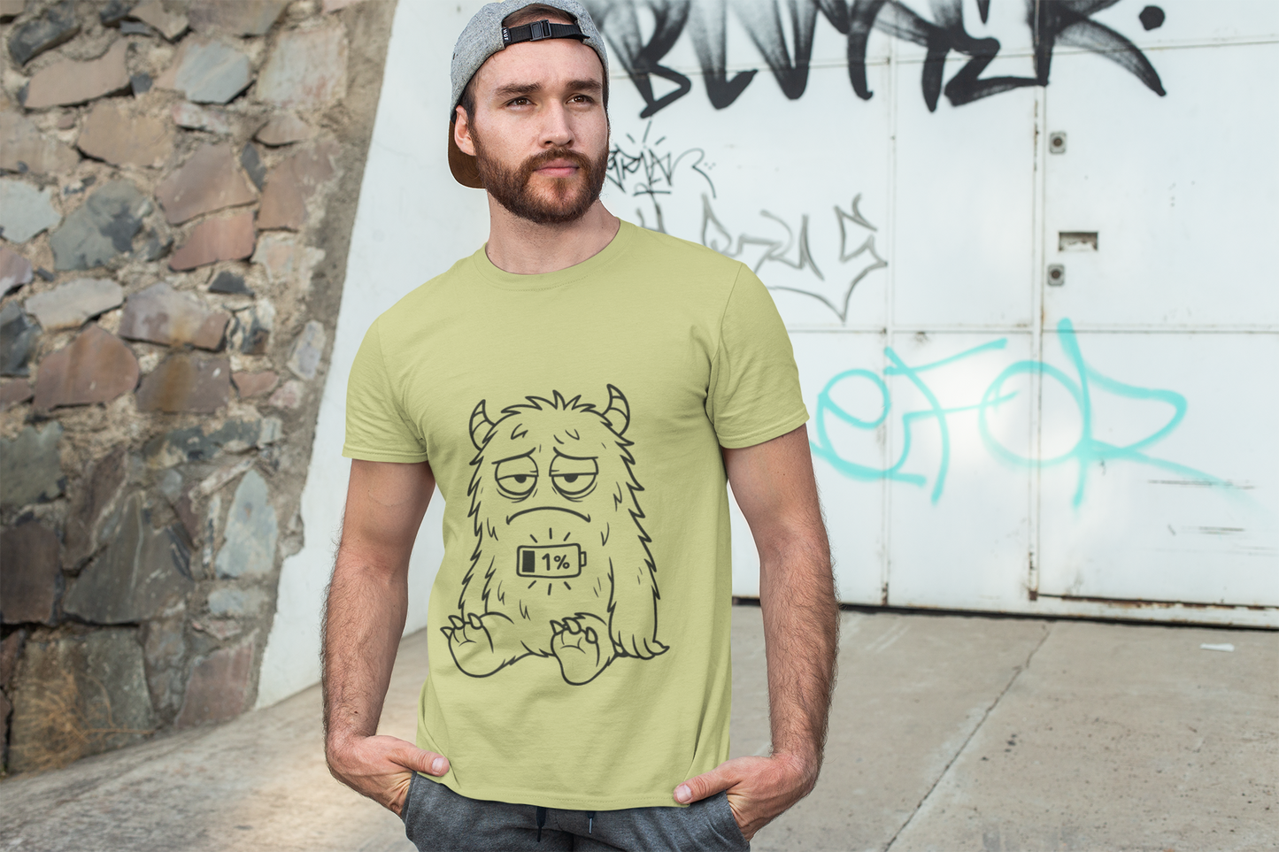 T-Shirt with Cute Cartoon Monster Design for Low Battery Vibes, Funny Gift for Teens, Humorous Apparel, Relaxed Style, Everyday Wear