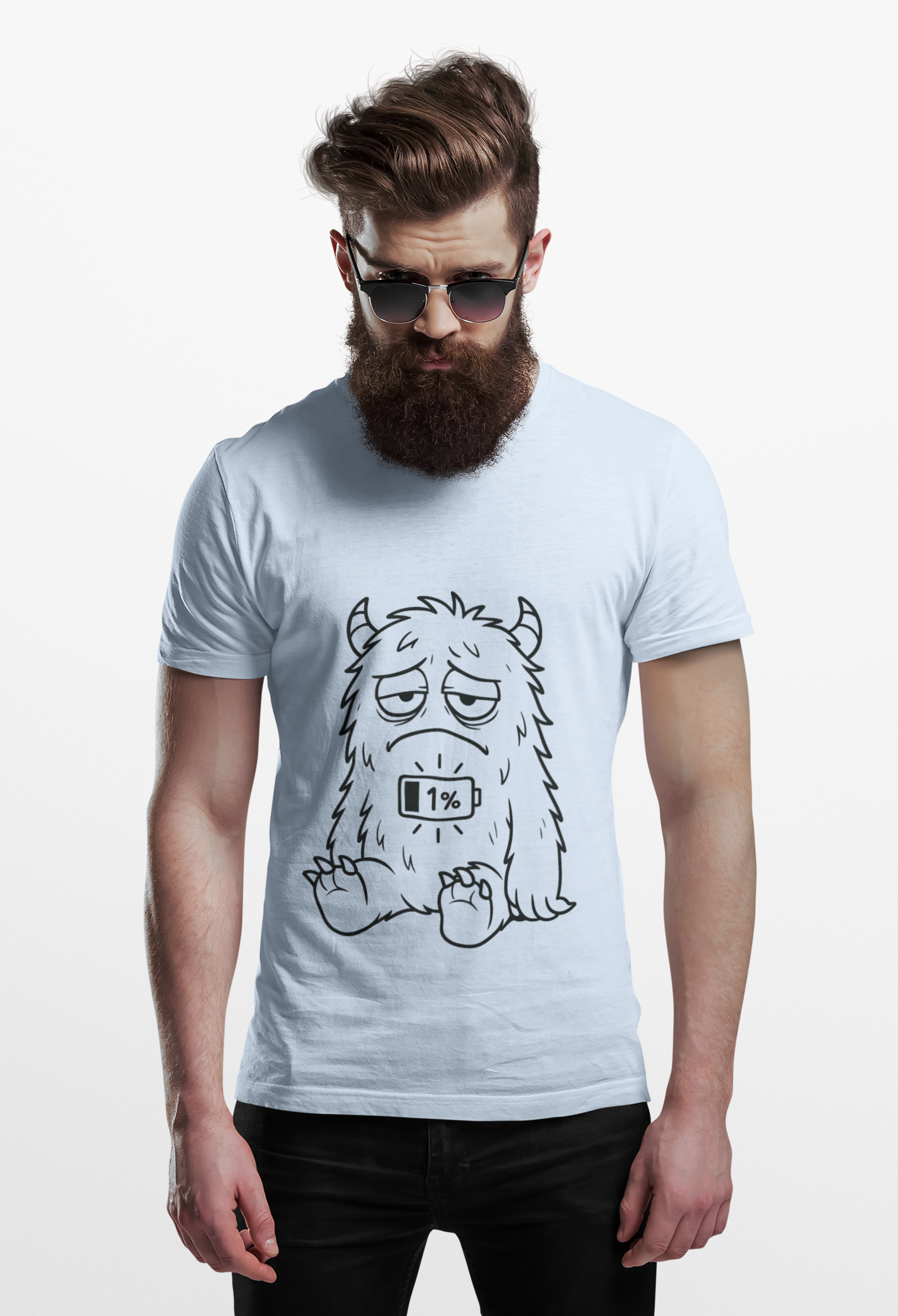 T-Shirt with Cute Cartoon Monster Design for Low Battery Vibes, Funny Gift for Teens, Humorous Apparel, Relaxed Style, Everyday Wear