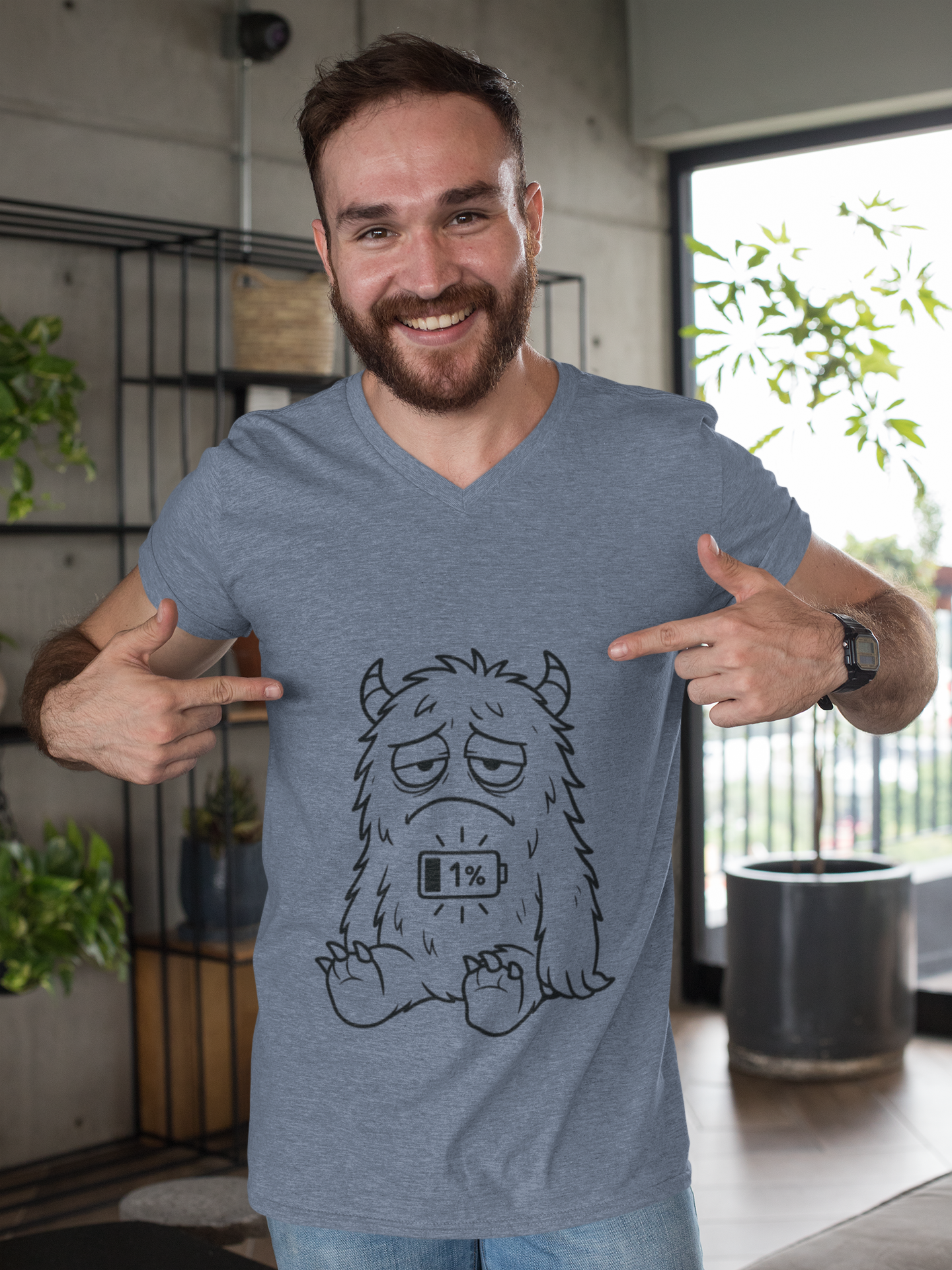 T-Shirt with Cute Cartoon Monster Design for Low Battery Vibes, Funny Gift for Teens, Humorous Apparel, Relaxed Style, Everyday Wear