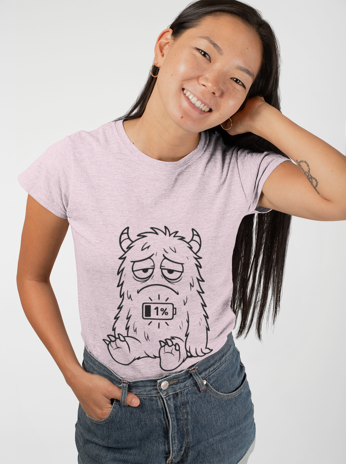 T-Shirt with Cute Cartoon Monster Design for Low Battery Vibes, Funny Gift for Teens, Humorous Apparel, Relaxed Style, Everyday Wear