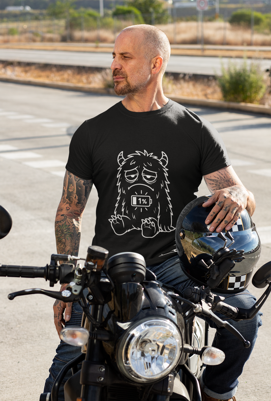 T-Shirt with Cute Cartoon Monster Design for Low Battery Vibes, Funny Gift for Teens, Humorous Apparel, Relaxed Style, Everyday Wear