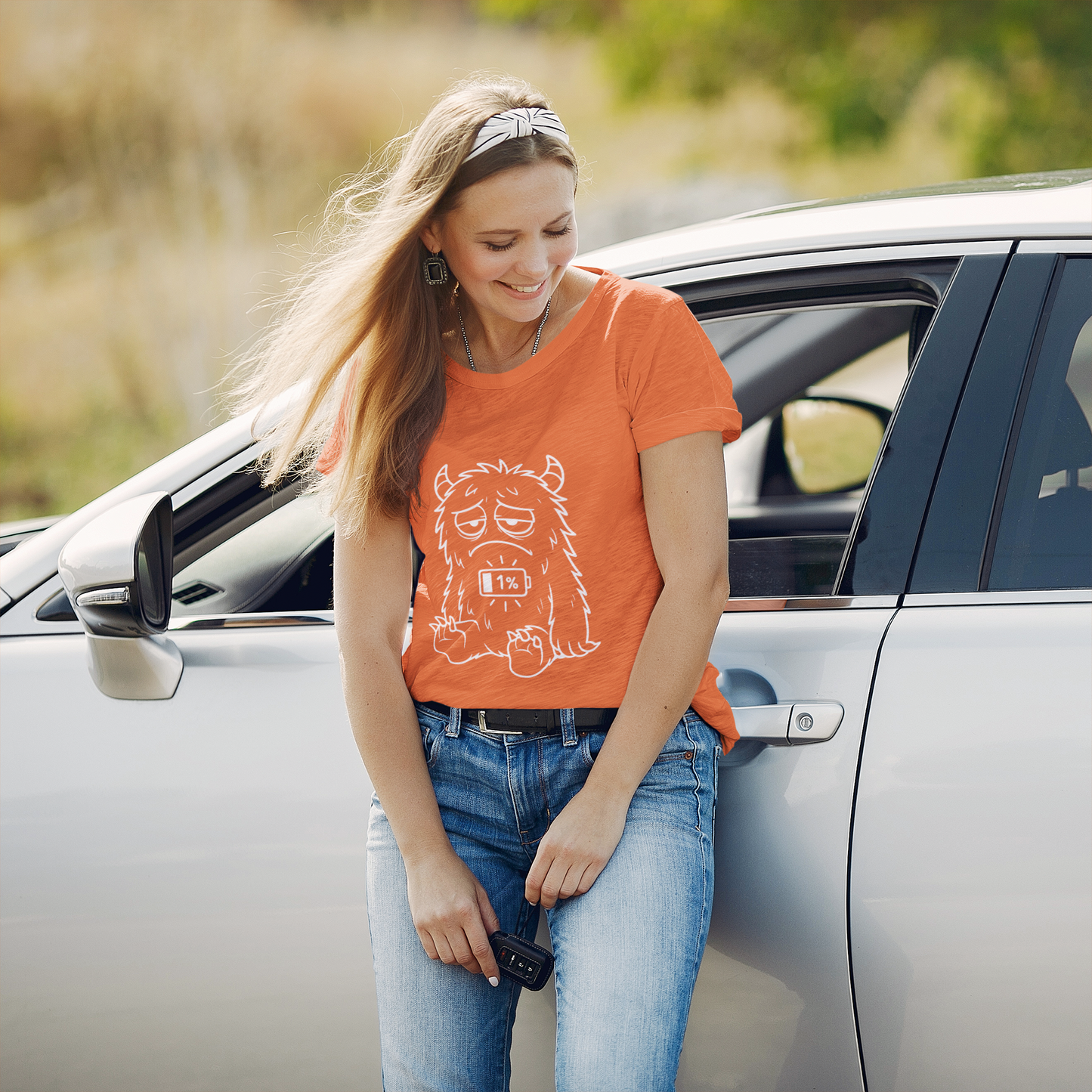 T-Shirt with Cute Cartoon Monster Design for Low Battery Vibes, Funny Gift for Teens, Humorous Apparel, Relaxed Style, Everyday Wear