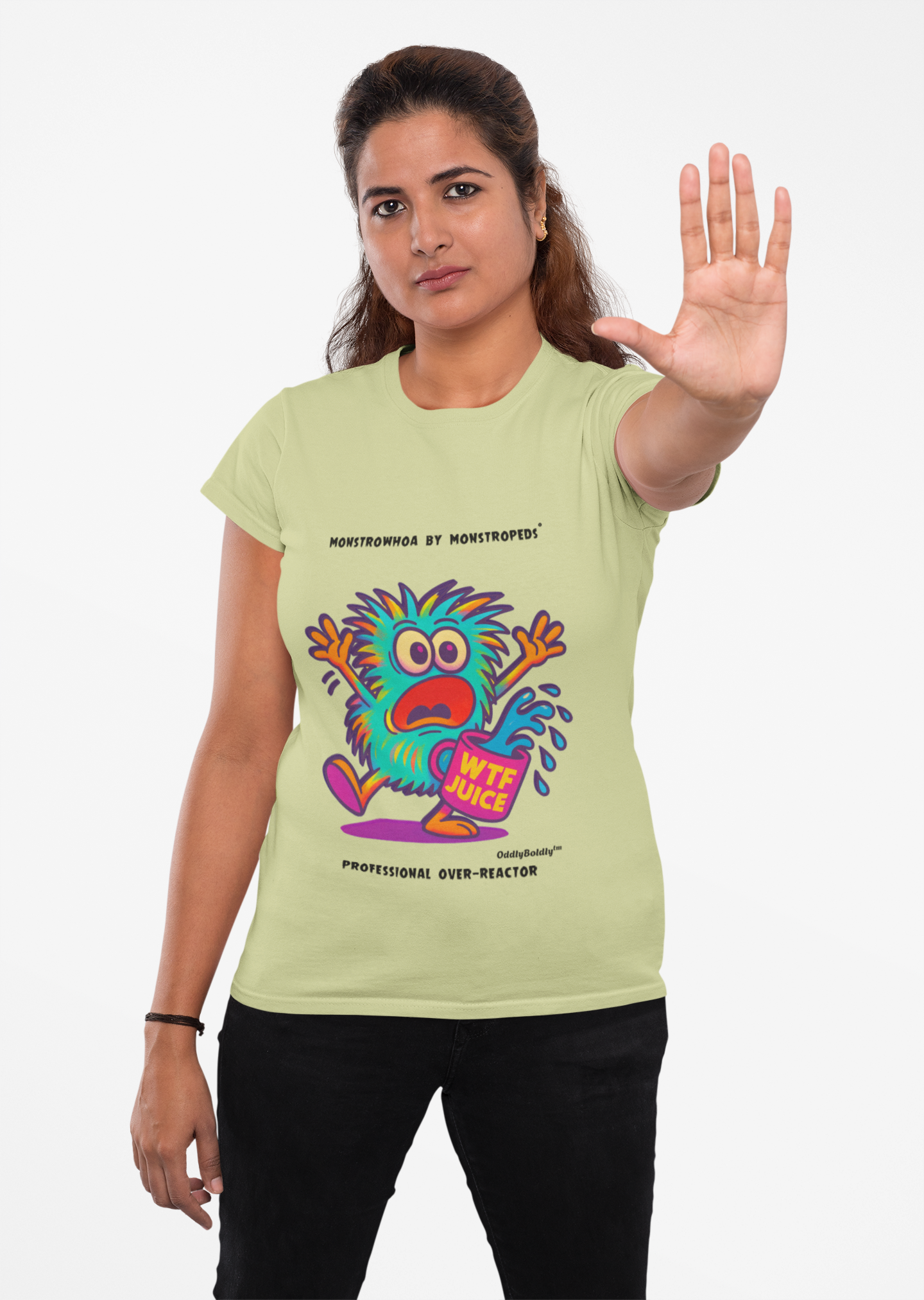 Monstrowhoa™ T-Shirt – Professional Over-Reactor – Funny Monster Cup by OddlyBoldly™