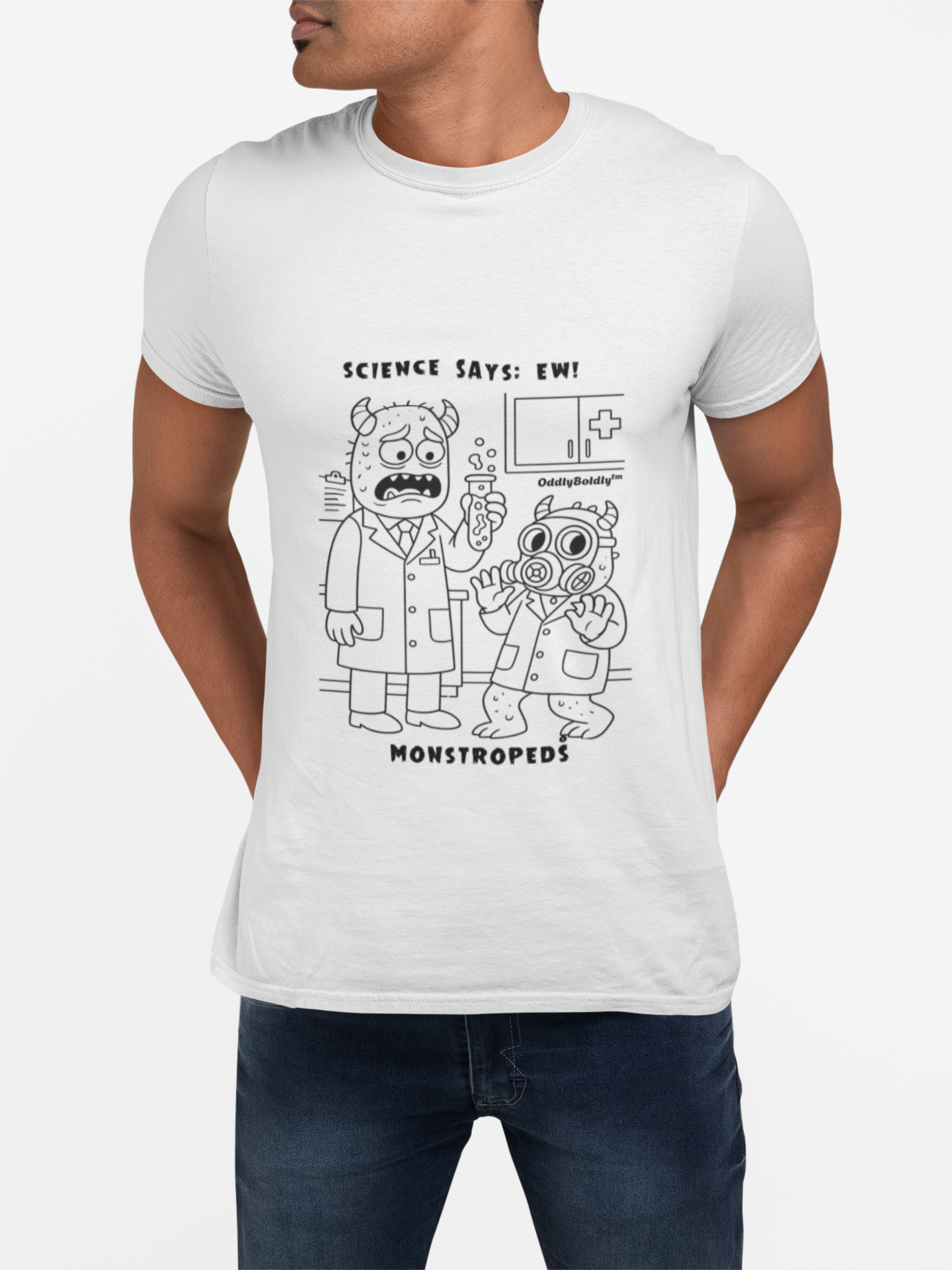 Funny Color T-Shirt for Medical Pros – Monstropeds in Scrubs Reacting to a Gross Science Experiment – Cartoon Lab Humor Unisex T-Shirt for Adults