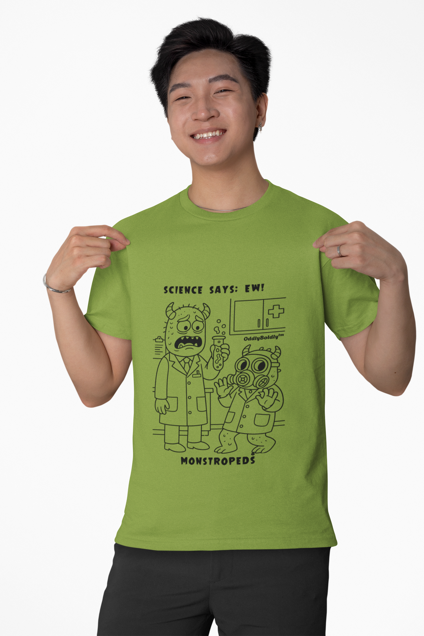 Funny Color T-Shirt for Medical Pros – Monstropeds in Scrubs Reacting to a Gross Science Experiment – Cartoon Lab Humor Unisex T-Shirt for Adults