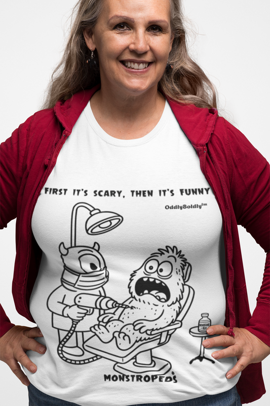 Funny Color T-Shirt for Medical Pros – Monstropeds in Scrubs Performing a Monster Dental Procedure – Cartoon Dentist Humor Unisex T-Shirt for Adults