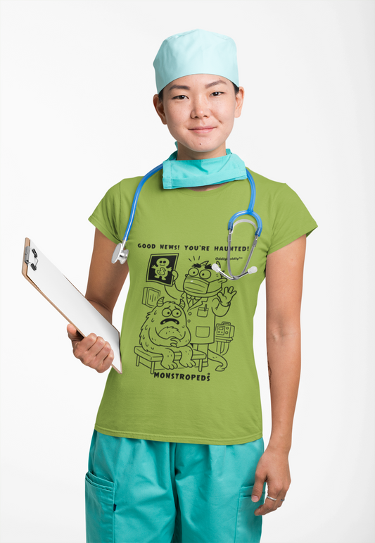 Funny Color T-Shirt for Medical Pros – Monstropeds™ in Scrubs X-Ray Diagnosing a Ghost – Cartoon Doctor Humor Unisex T-Shirt for Adults