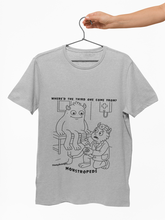 Funny Color T-Shirt for Medical Pros – Monstropeds in Scrubs Discovering an Extra Limb – Cartoon Doctor Humor Unisex T-Shirt for Adults