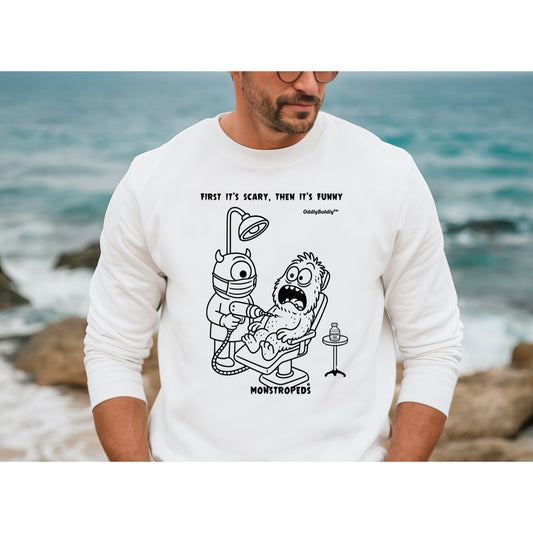 Funny Color Sweatshirt for Medical Pros - Monstropeds in Scrubs Performing a Dental Procedure - Dentist Humor Unisex Sweatshirt for Adults