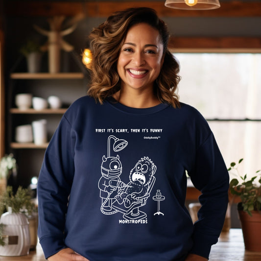 Funny Color Sweatshirt for Medical Pros - Monstropeds in Scrubs Performing a Dental Procedure - Dentist Humor Unisex Sweatshirt for Adults- Dark Edition