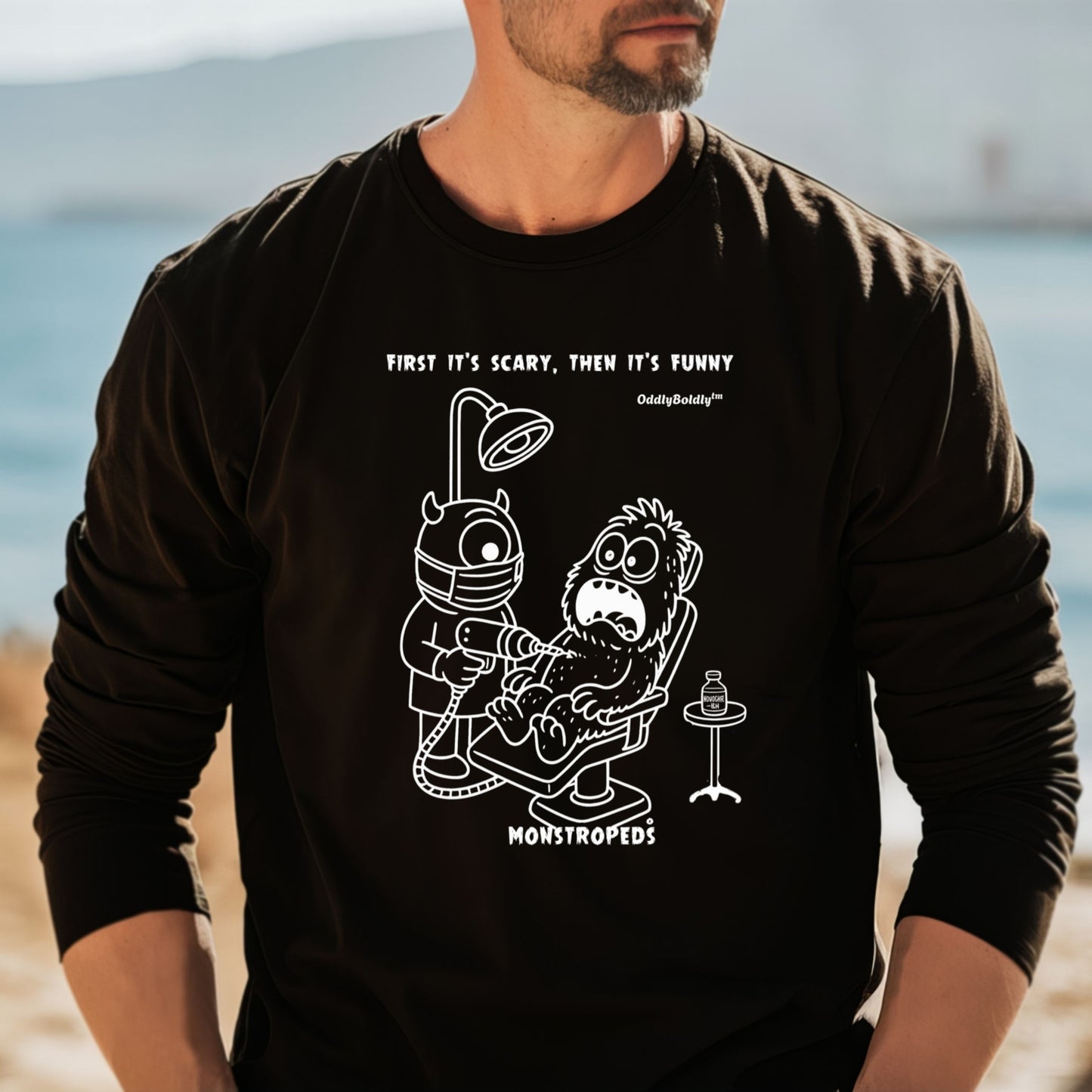 Funny Color Sweatshirt for Medical Pros - Monstropeds in Scrubs Performing a Dental Procedure - Dentist Humor Unisex Sweatshirt for Adults- Dark Edition