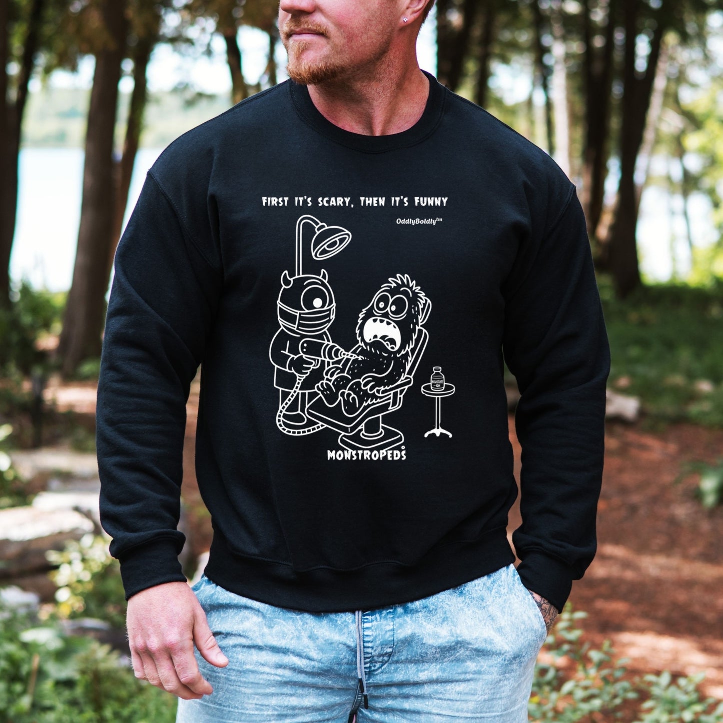 Funny Color Sweatshirt for Medical Pros - Monstropeds in Scrubs Performing a Dental Procedure - Dentist Humor Unisex Sweatshirt for Adults- Dark Edition