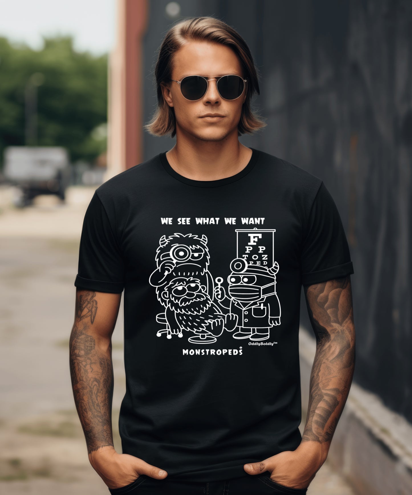 Funny T-Shirt for Medical Pros - Monstropeds in Scrubs Conducting a Suspicious Eye Exam - Cartoon Doctor Humor Unisex T-Shirt for Adults