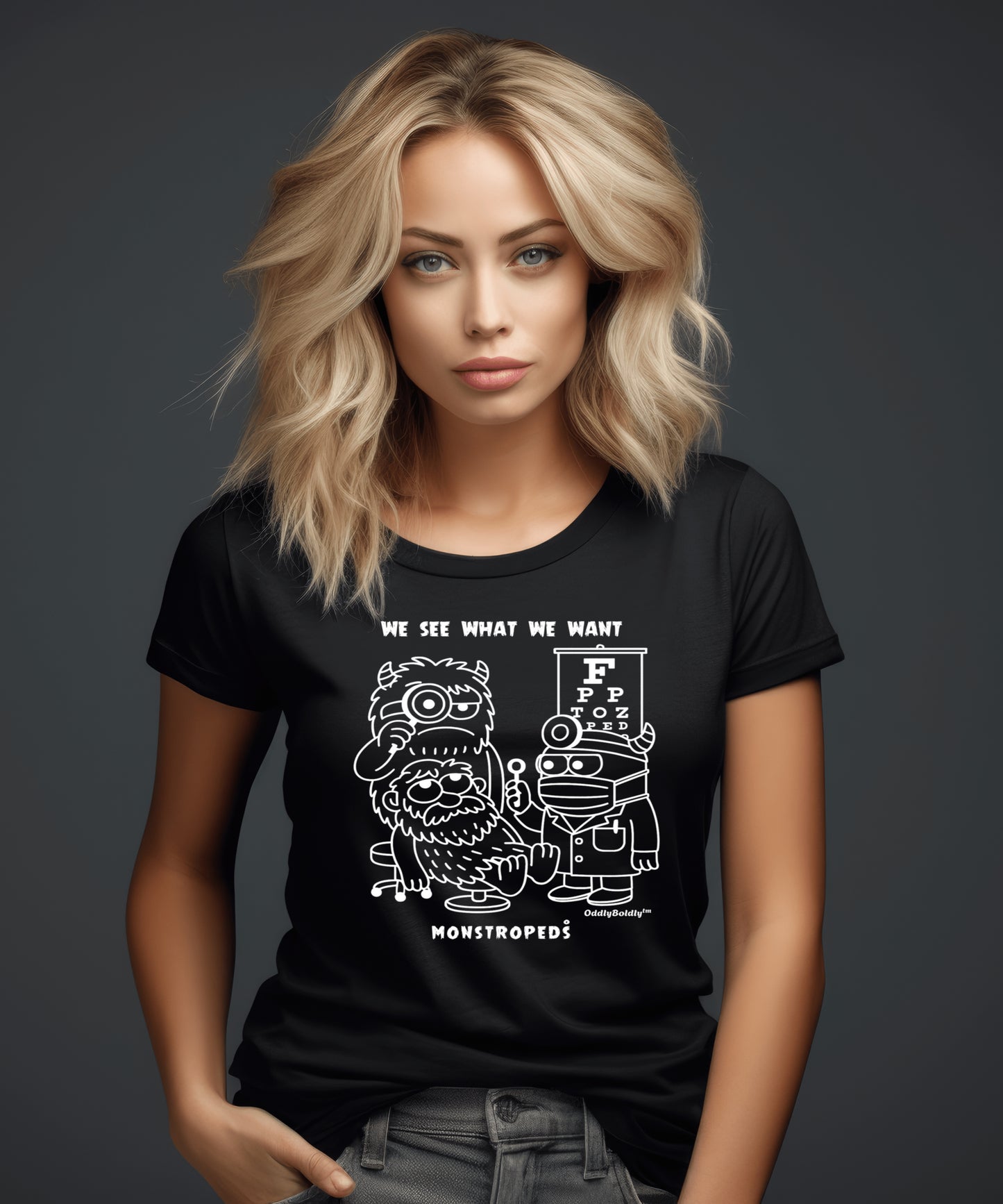 Funny T-Shirt for Medical Pros - Monstropeds in Scrubs Conducting a Suspicious Eye Exam - Cartoon Doctor Humor Unisex T-Shirt for Adults