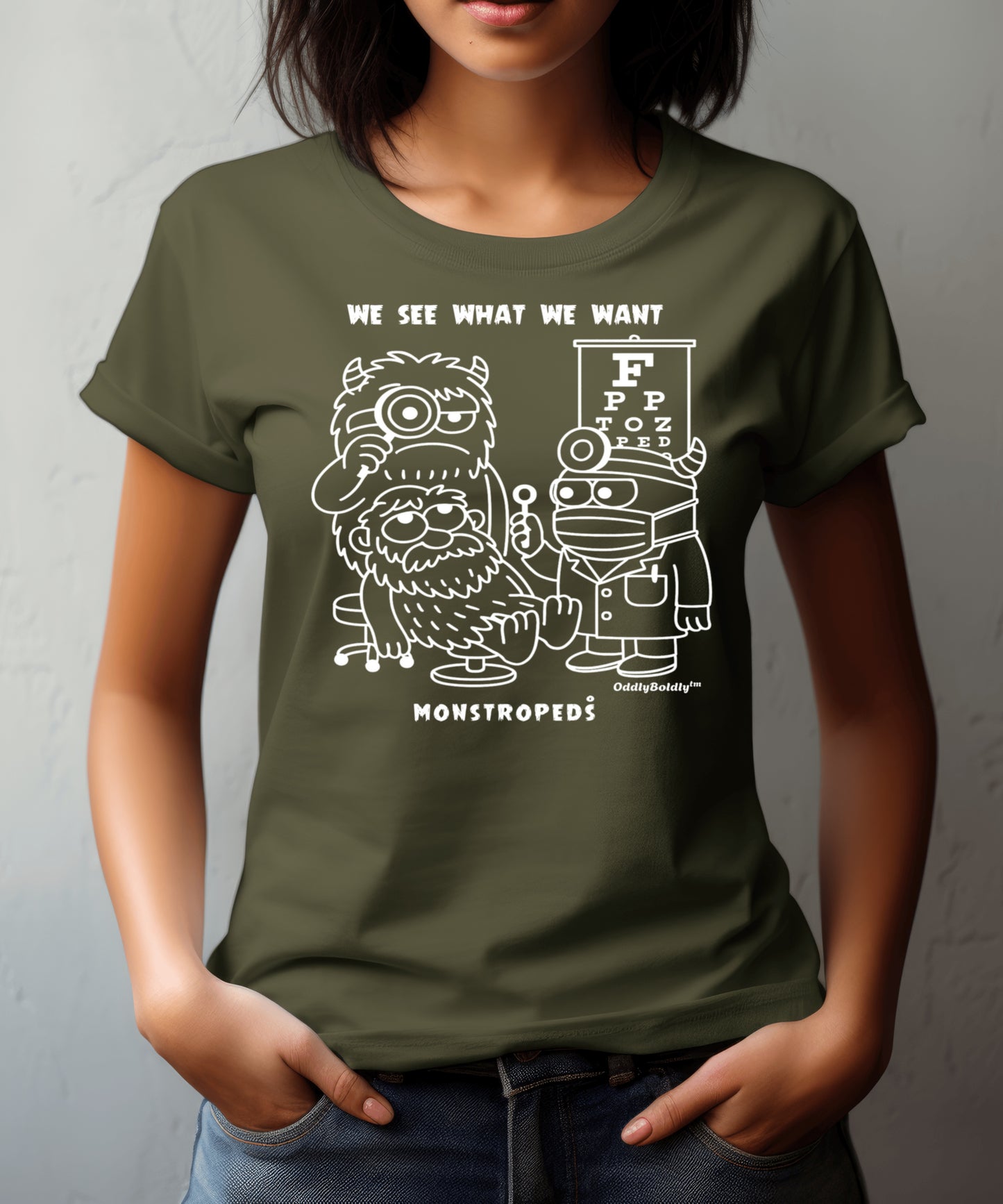 Funny T-Shirt for Medical Pros - Monstropeds in Scrubs Conducting a Suspicious Eye Exam - Cartoon Doctor Humor Unisex T-Shirt for Adults