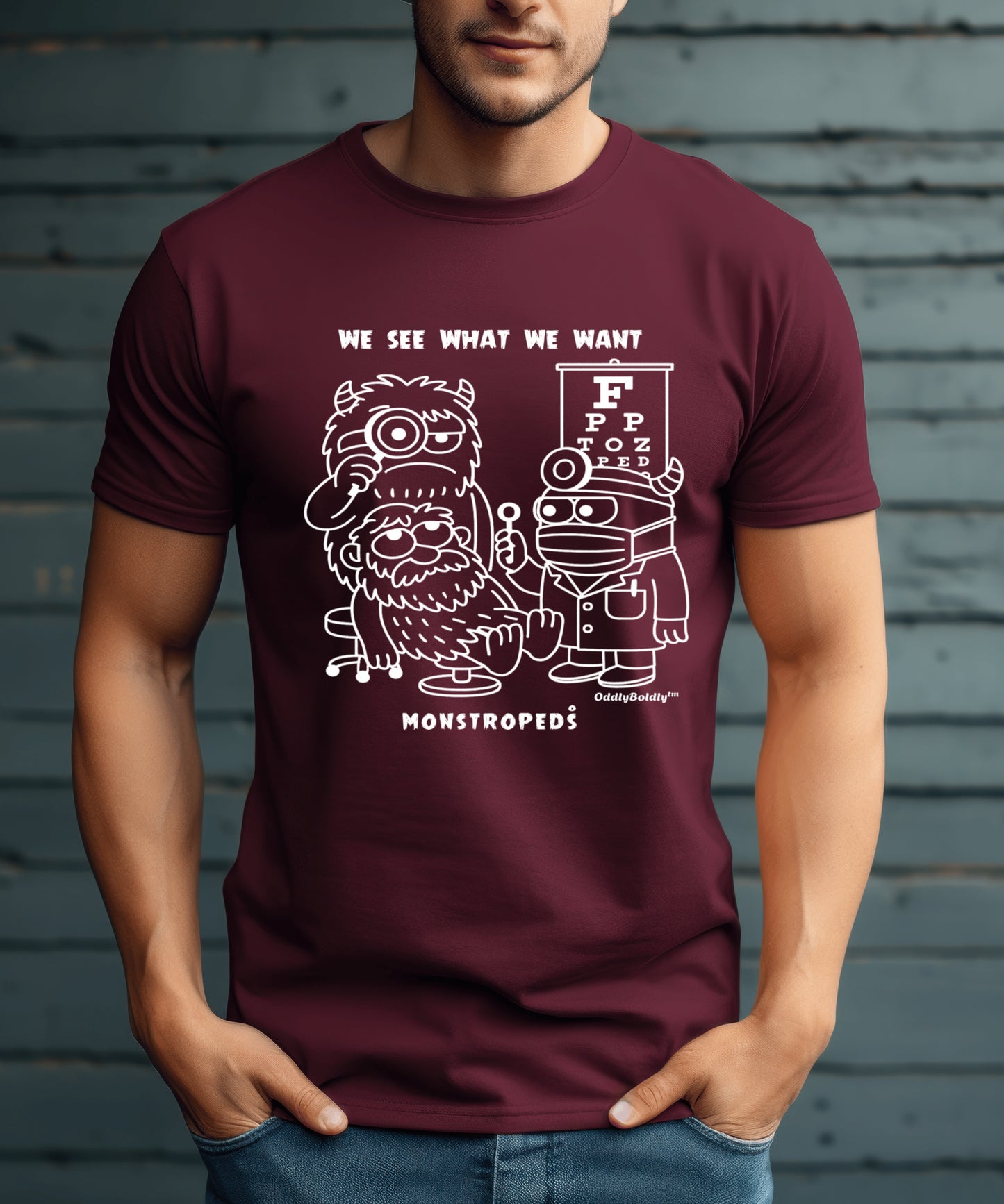 Funny T-Shirt for Medical Pros - Monstropeds in Scrubs Conducting a Suspicious Eye Exam - Cartoon Doctor Humor Unisex T-Shirt for Adults