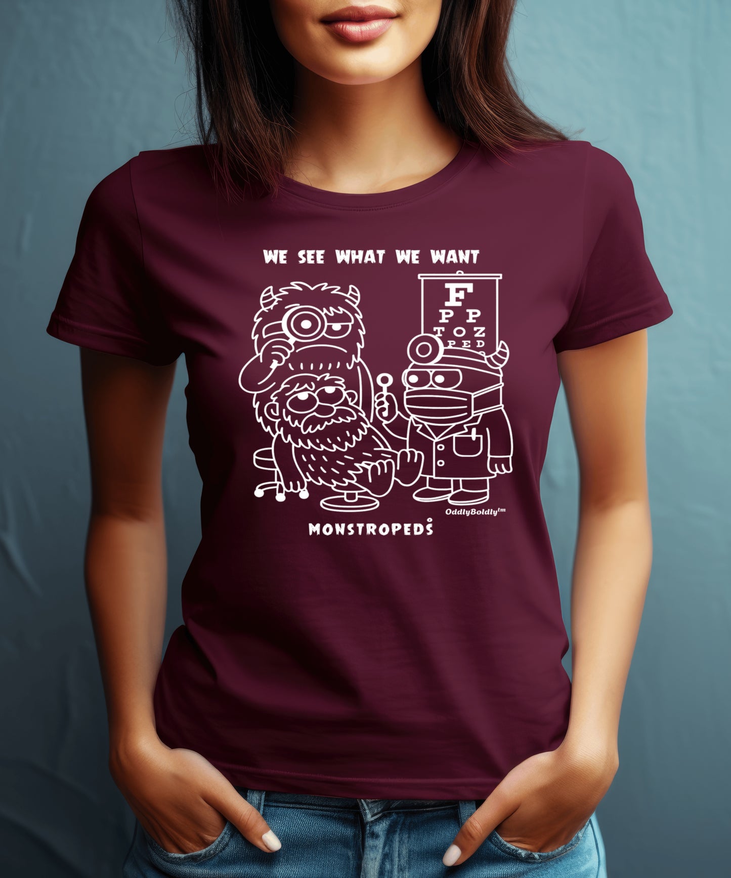Funny T-Shirt for Medical Pros - Monstropeds in Scrubs Conducting a Suspicious Eye Exam - Cartoon Doctor Humor Unisex T-Shirt for Adults