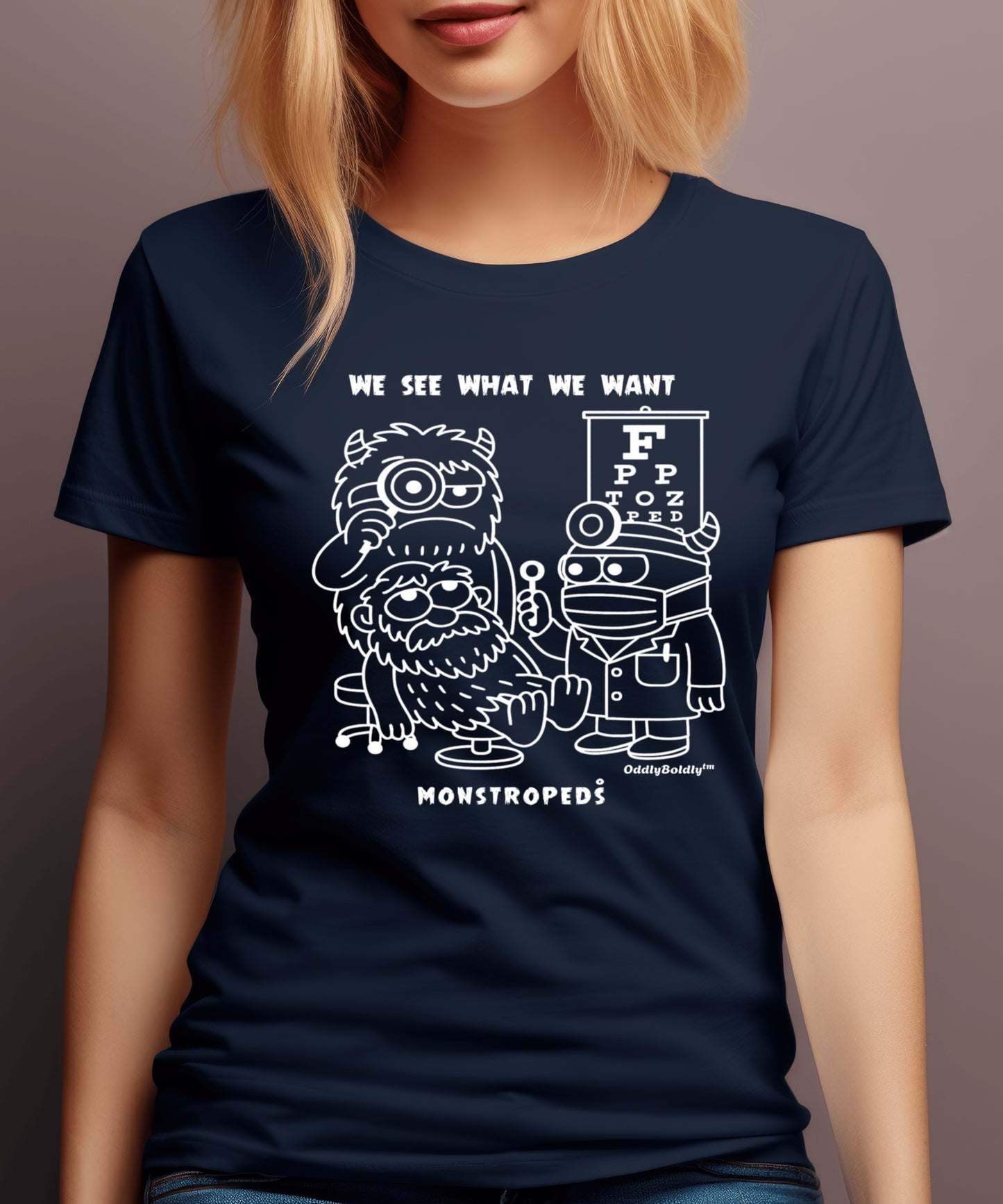 Funny T-Shirt for Medical Pros - Monstropeds in Scrubs Conducting a Suspicious Eye Exam - Cartoon Doctor Humor Unisex T-Shirt for Adults