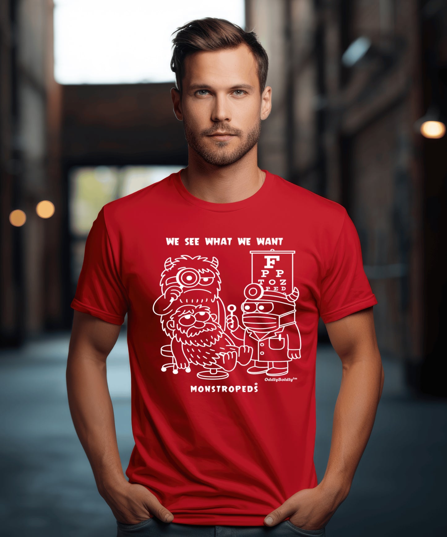 Funny T-Shirt for Medical Pros - Monstropeds in Scrubs Conducting a Suspicious Eye Exam - Cartoon Doctor Humor Unisex T-Shirt for Adults