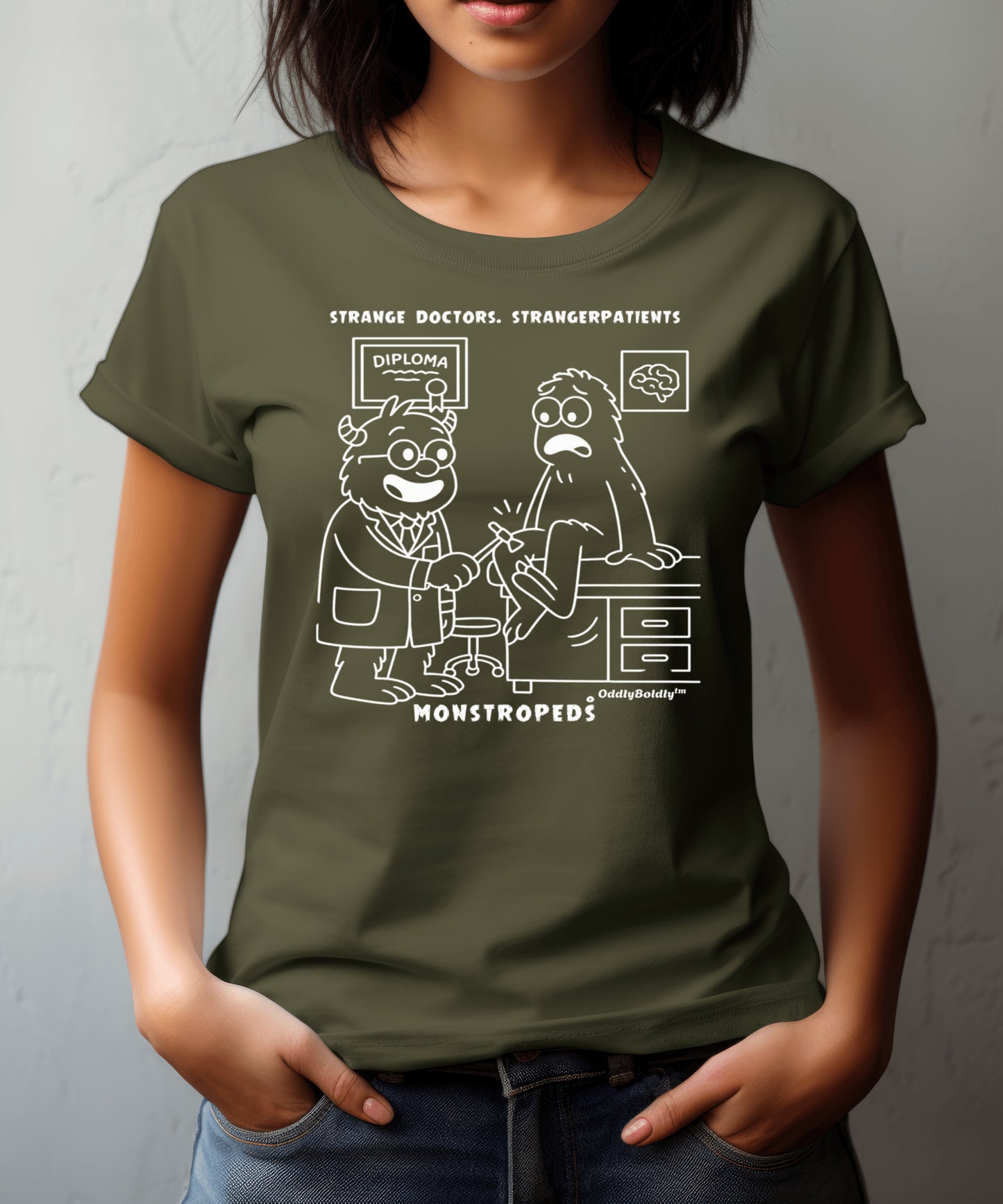 Funny T-Shirt for Medical Pros  Monstropeds™ in Scrubs Testing Reflexes on a Confused Patient -Cartoon Doctor Humor Unisex T-Shirt forAdults