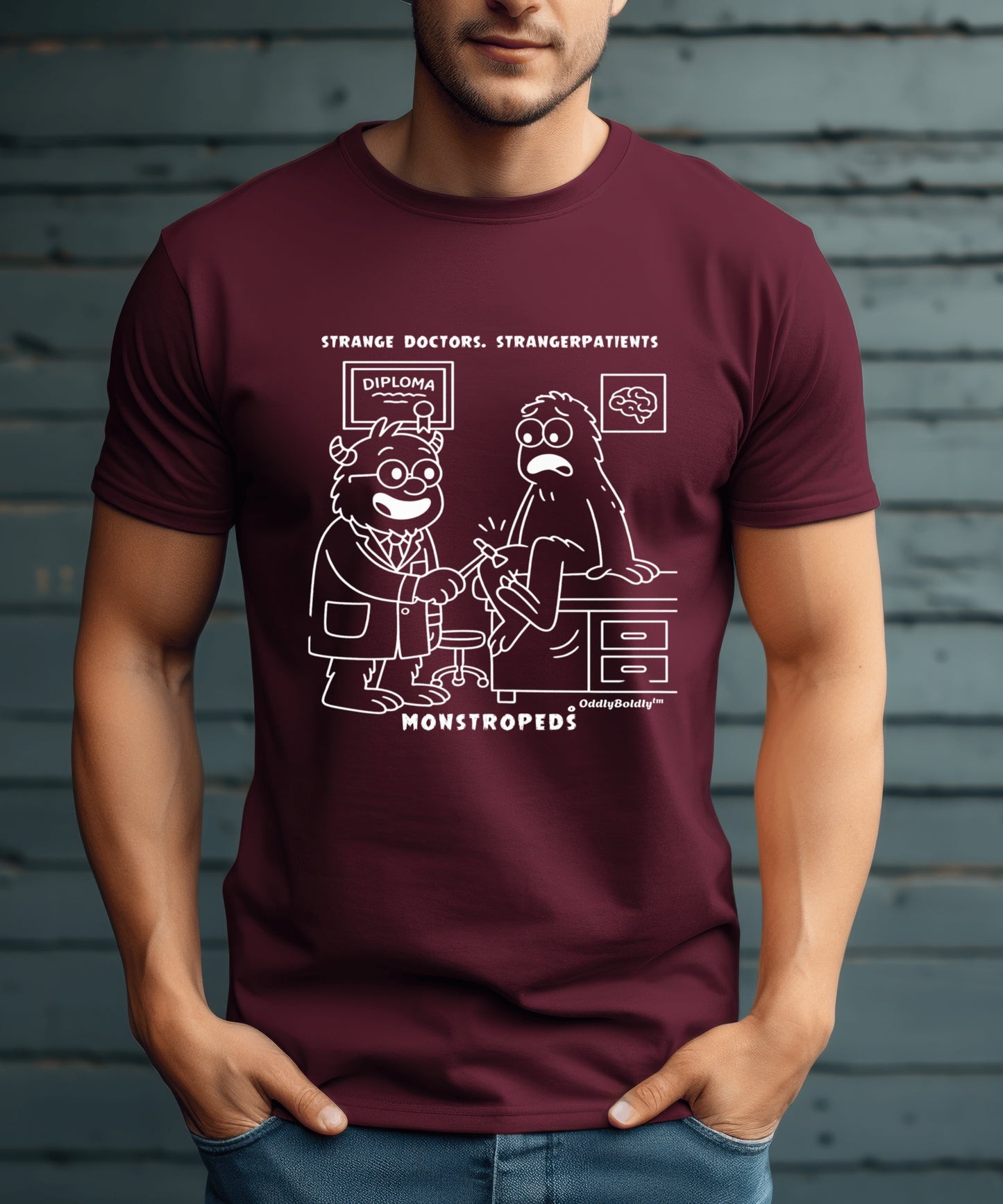 Funny T-Shirt for Medical Pros  Monstropeds™ in Scrubs Testing Reflexes on a Confused Patient -Cartoon Doctor Humor Unisex T-Shirt forAdults