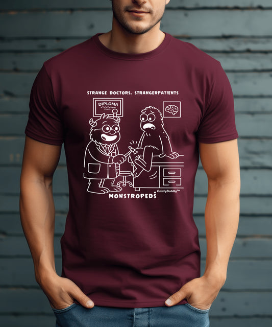 Funny T-Shirt for Medical Pros  Monstropeds™ in Scrubs Testing Reflexes on a Confused Patient -Cartoon Doctor Humor Unisex T-Shirt forAdults