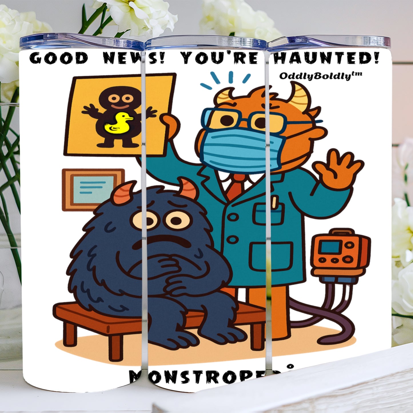 Steel Tumbler 20oz.  - Funny Medical Pros - Monstropeds™ in Scrubs X-Ray Diagnosing a Ghost -Cartoon Doctor  Unisex T-Shirt for Adults