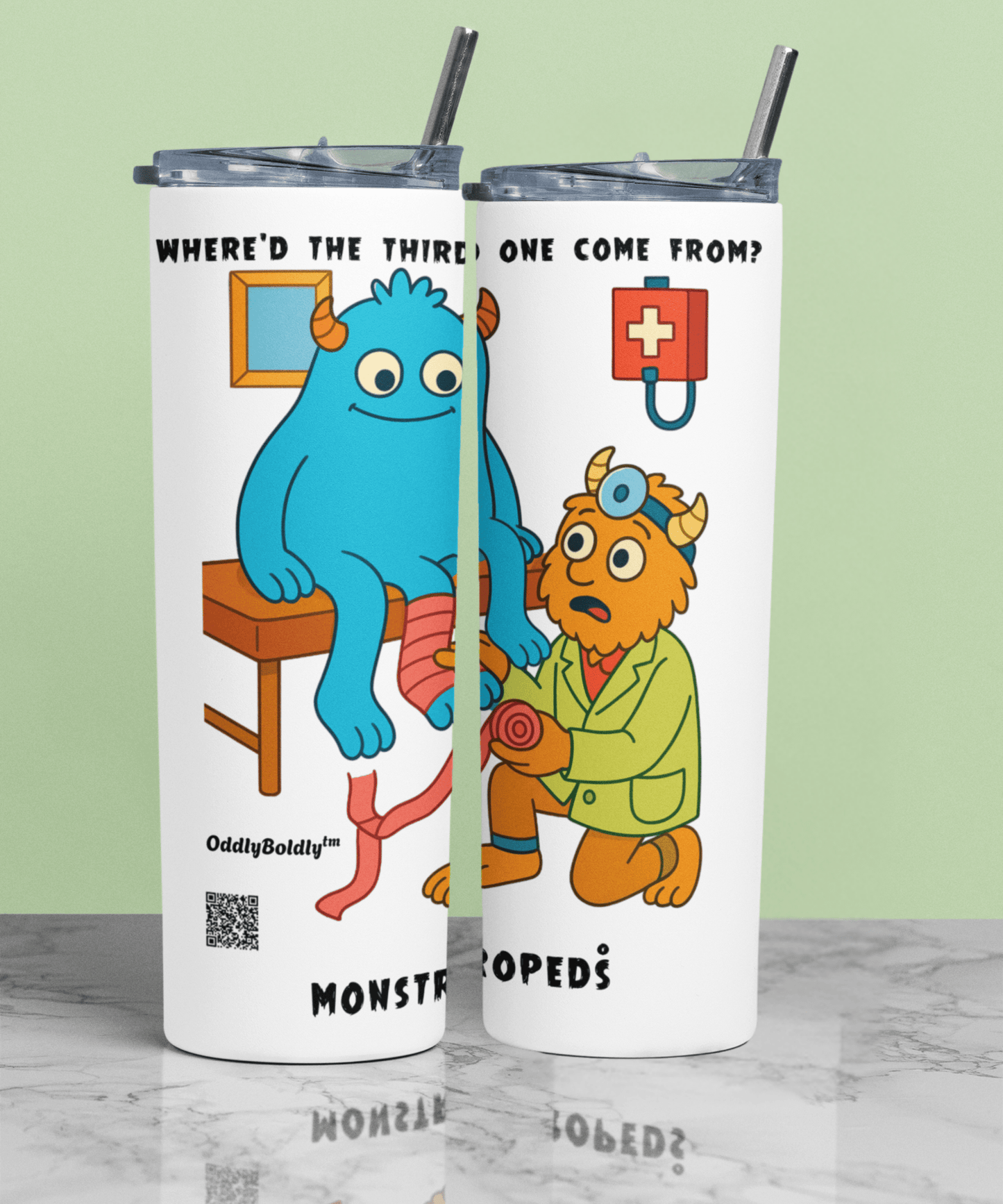 Steel Tumbler 20oz.  - Funny Medical Pros - Monstropeds™ in Scrubs Discovering an Extra Limb - Cartoon Doctor  Unisex T-Shirt for Adults