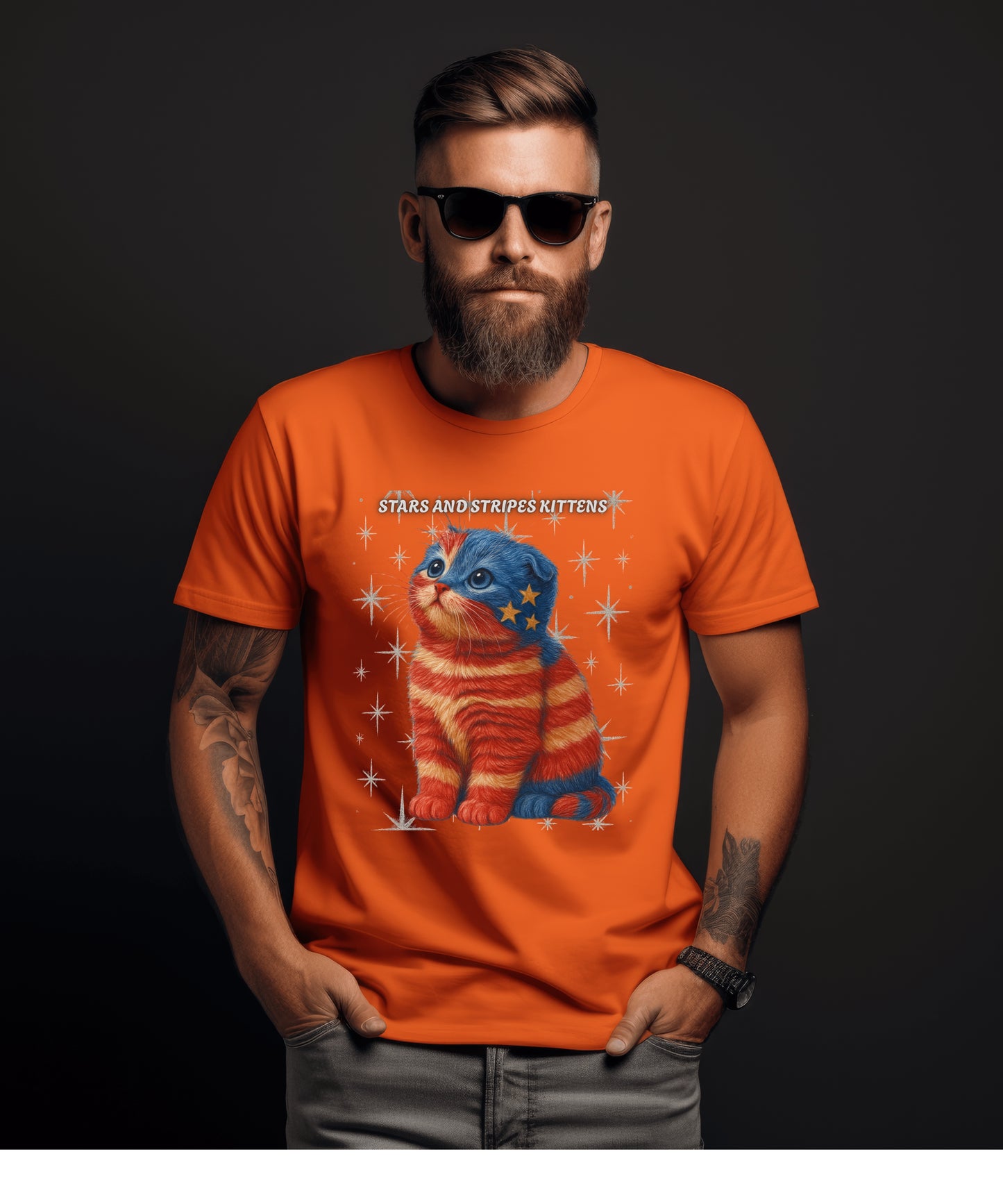 Stars and Stripes Cat Unisex Tee Funny USA Flag Kitty Graphic Tee Patriotic Cat Shirt for 4th of July Scottish Fold Cat Lover Gift