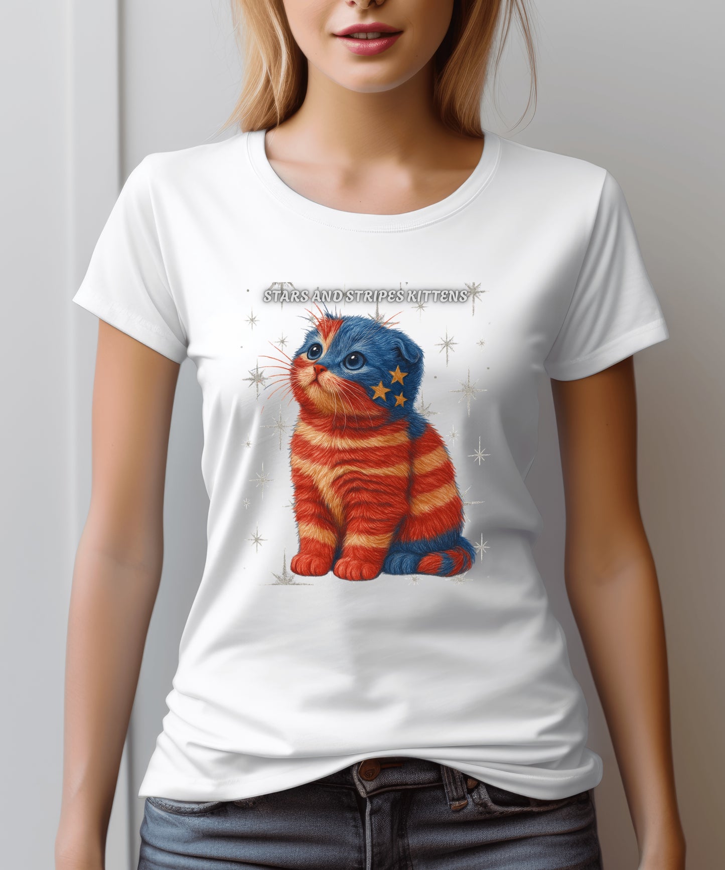 Stars and Stripes Cat Unisex Tee Funny USA Flag Kitty Graphic Tee Patriotic Cat Shirt for 4th of July Scottish Fold Cat Lover Gift