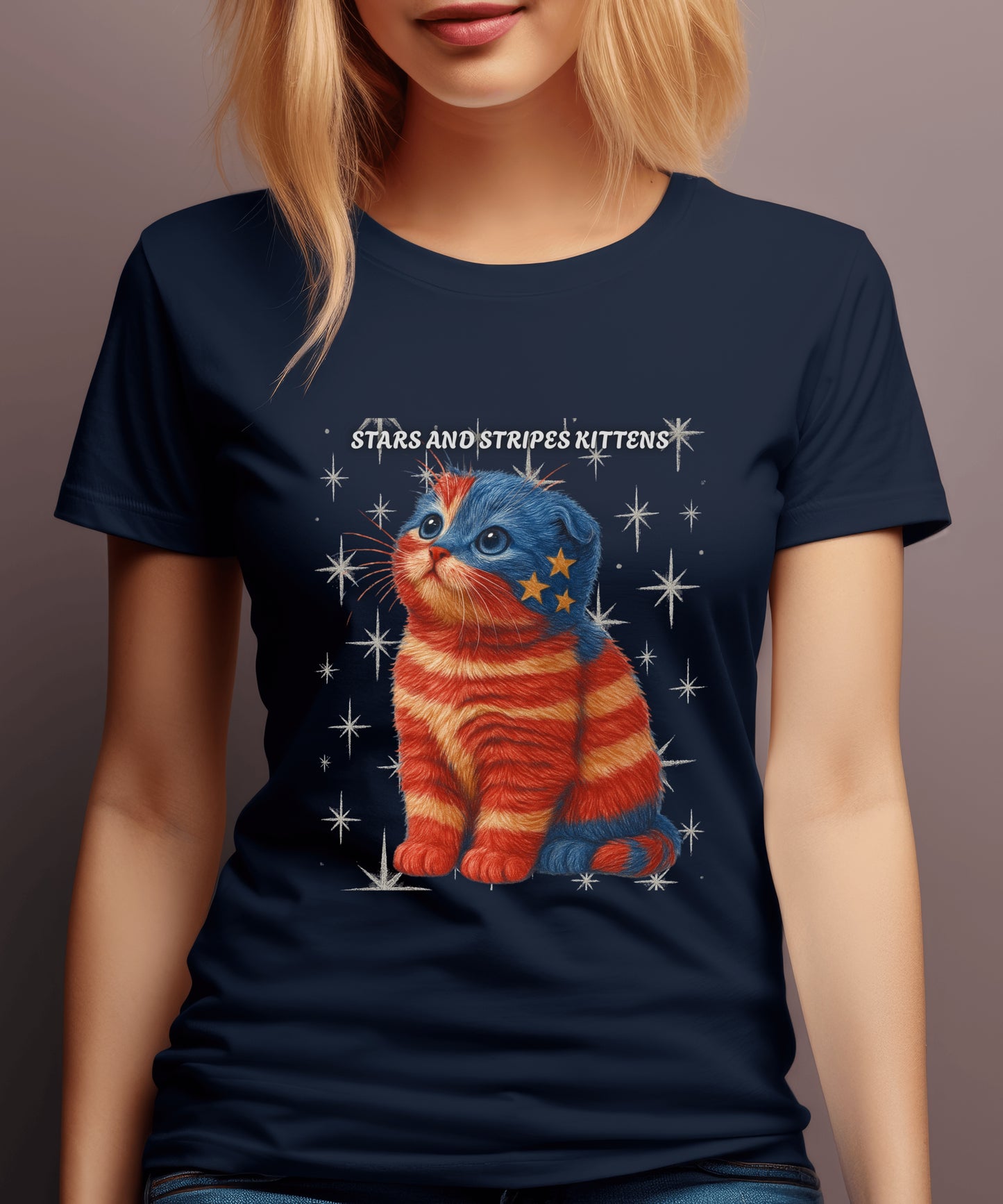 Stars and Stripes Cat Unisex Tee Funny USA Flag Kitty Graphic Tee Patriotic Cat Shirt for 4th of July Scottish Fold Cat Lover Gift
