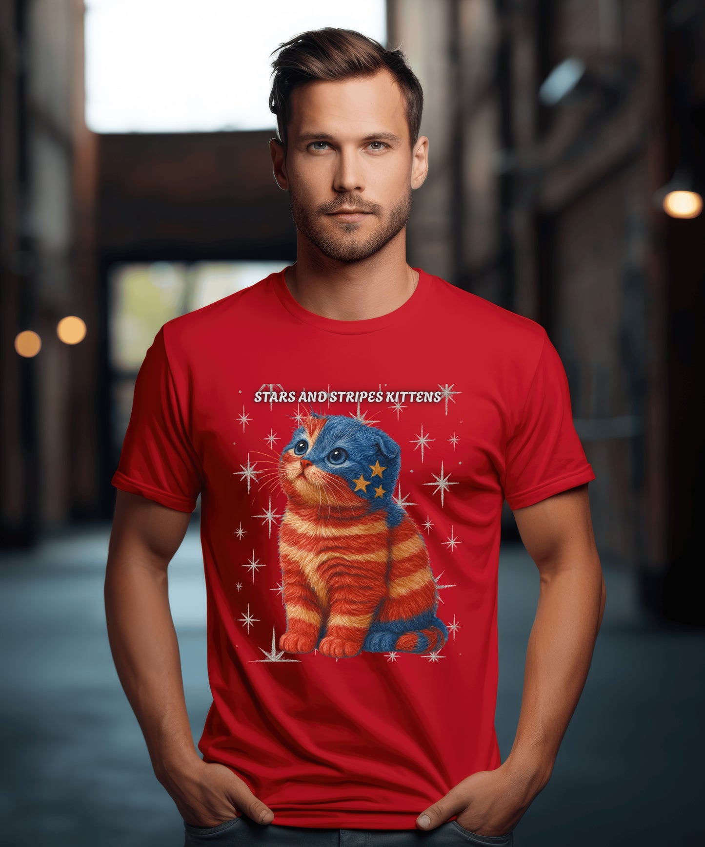 Stars and Stripes Cat Unisex Tee Funny USA Flag Kitty Graphic Tee Patriotic Cat Shirt for 4th of July Scottish Fold Cat Lover Gift