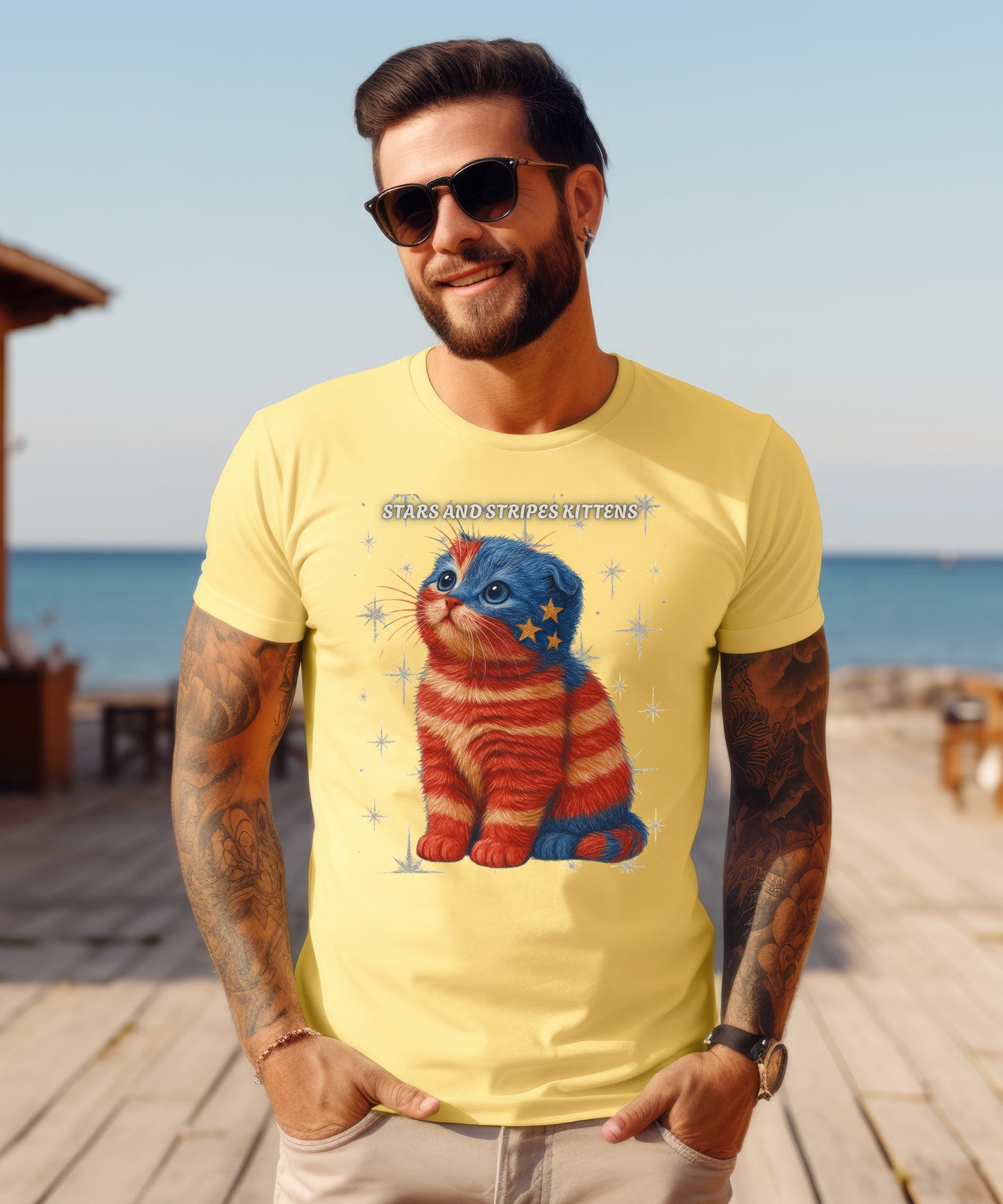 Stars and Stripes Cat Unisex Tee Funny USA Flag Kitty Graphic Tee Patriotic Cat Shirt for 4th of July Scottish Fold Cat Lover Gift