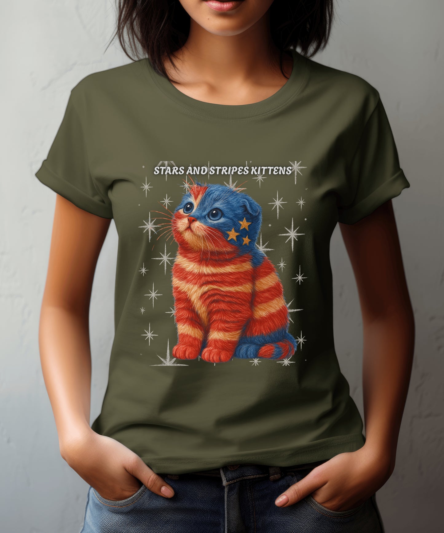 Stars and Stripes Cat Unisex Tee Funny USA Flag Kitty Graphic Tee Patriotic Cat Shirt for 4th of July Scottish Fold Cat Lover Gift