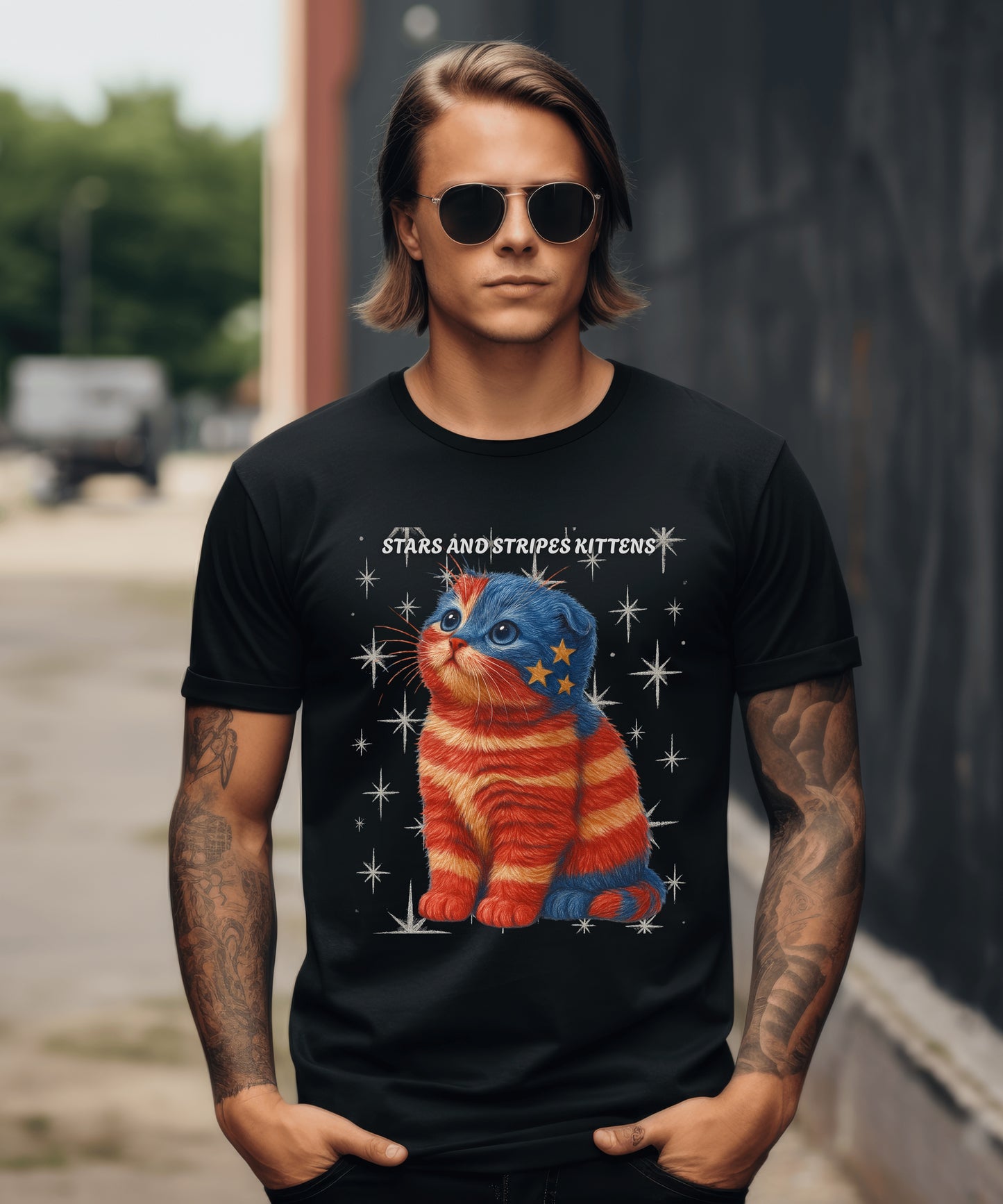 Stars and Stripes Cat Unisex Tee Funny USA Flag Kitty Graphic Tee Patriotic Cat Shirt for 4th of July Scottish Fold Cat Lover Gift