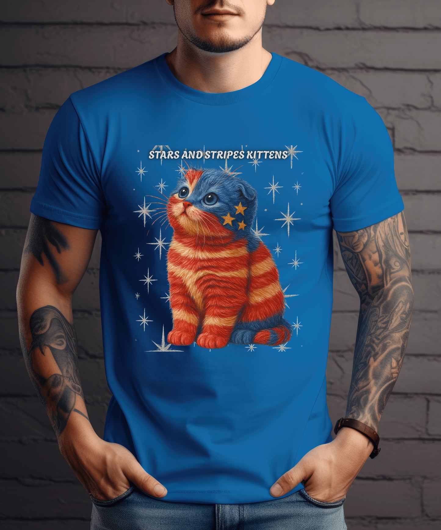 Stars and Stripes Cat Unisex Tee Funny USA Flag Kitty Graphic Tee Patriotic Cat Shirt for 4th of July Scottish Fold Cat Lover Gift
