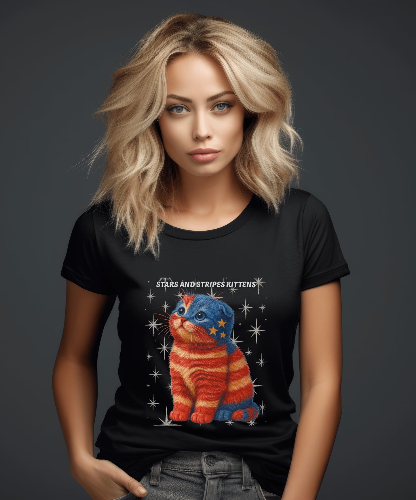 Stars and Stripes Cat Unisex Tee Funny USA Flag Kitty Graphic Tee Patriotic Cat Shirt for 4th of July Scottish Fold Cat Lover Gift