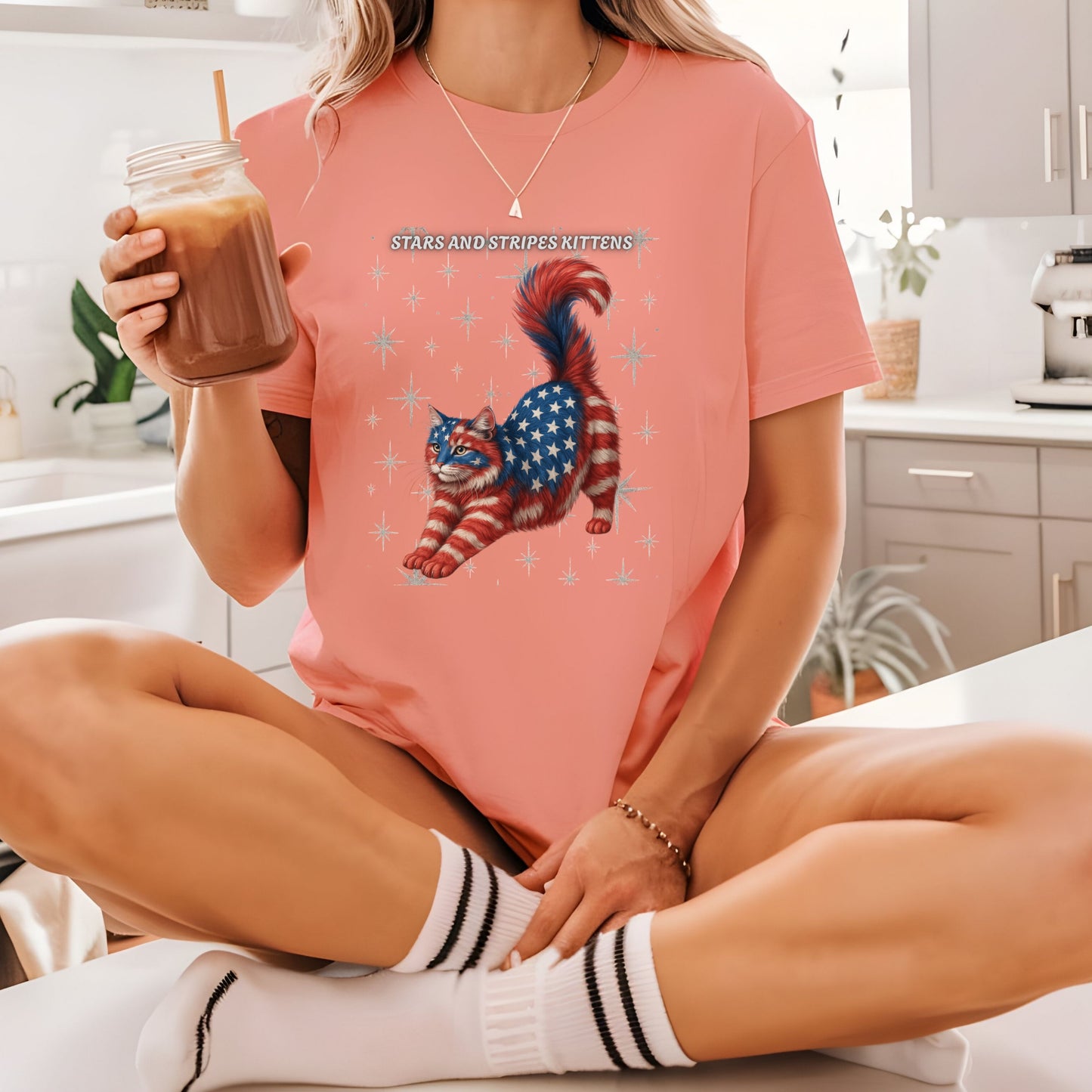 Stars and Stripes Cat Unisex Tee Funny USA Flag Kitty Graphic Tee Patriotic Cat Shirt for 4th of July Norwegian Forest  Cat Lover Gift