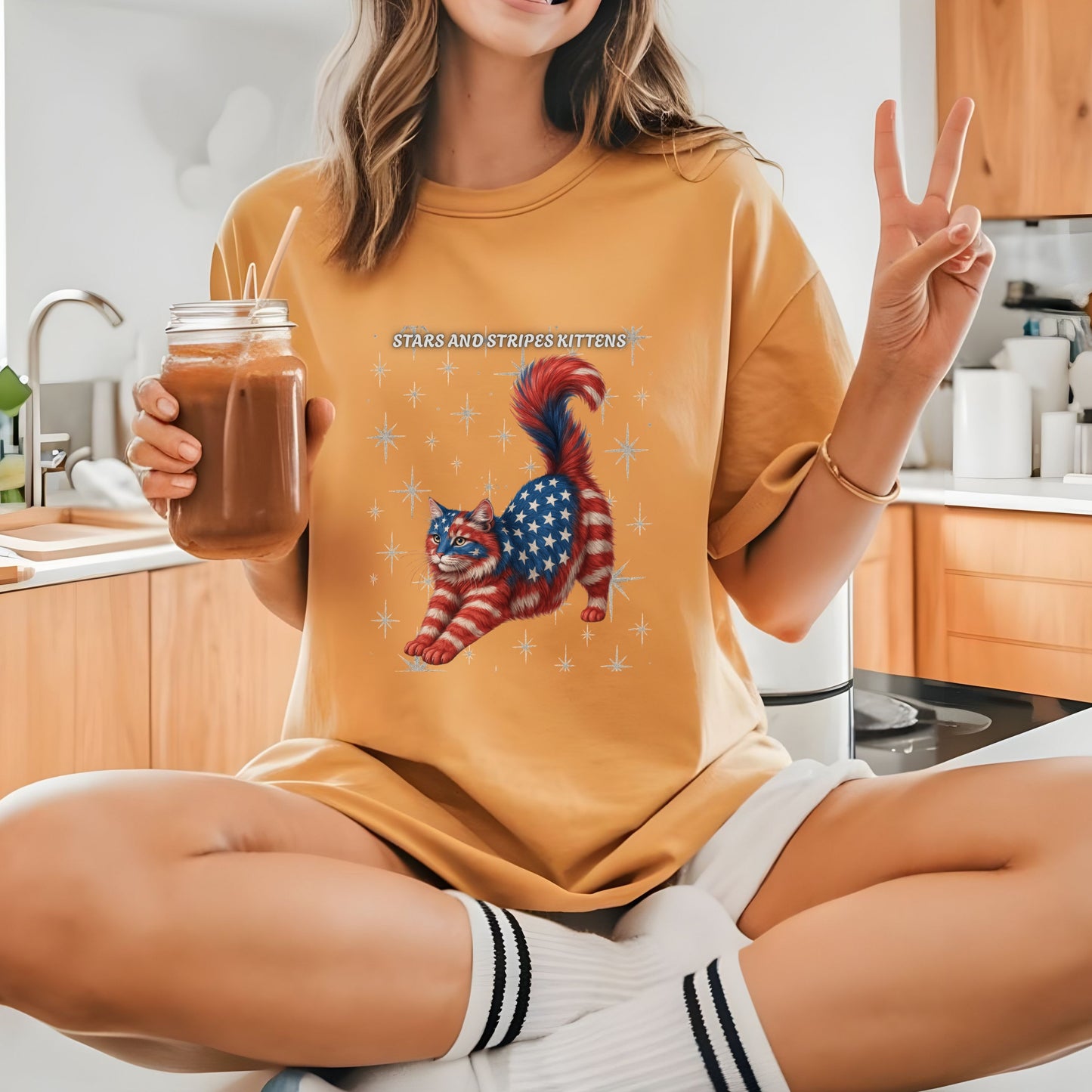 Stars and Stripes Cat Unisex Tee Funny USA Flag Kitty Graphic Tee Patriotic Cat Shirt for 4th of July Norwegian Forest  Cat Lover Gift
